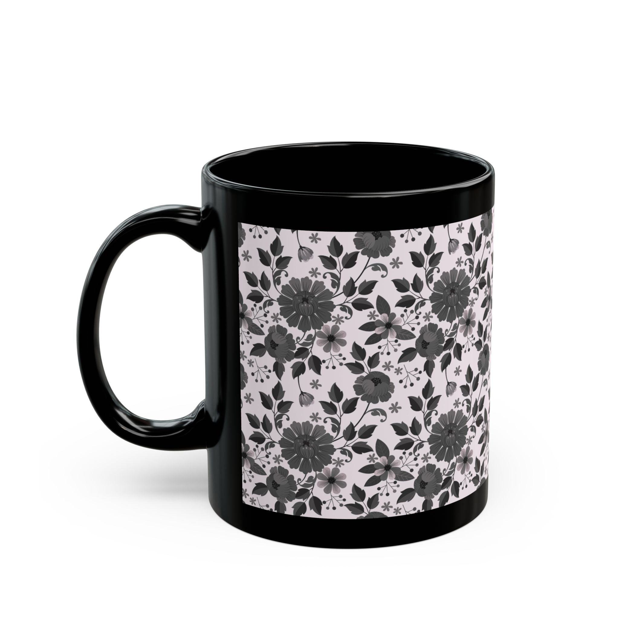 Black Floral Pattern Mug – Monochrome Rose Coffee Cup (11oz/15oz)