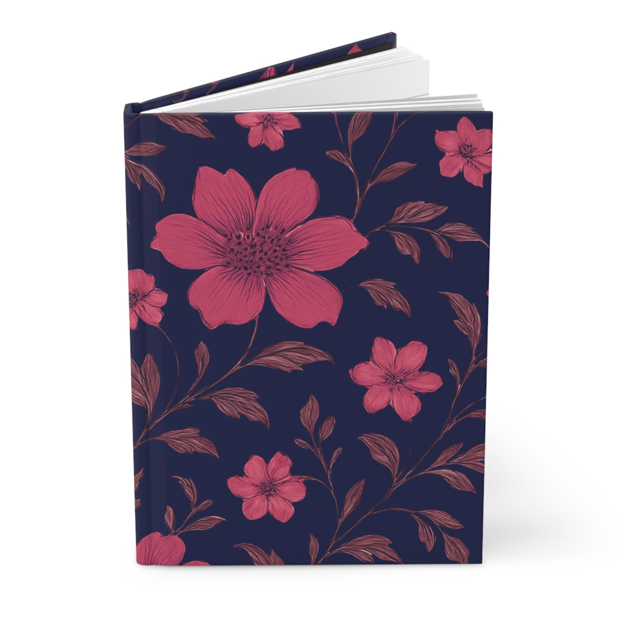 Floral Hardcover Journal — Pink Blooms on Navy Matte
