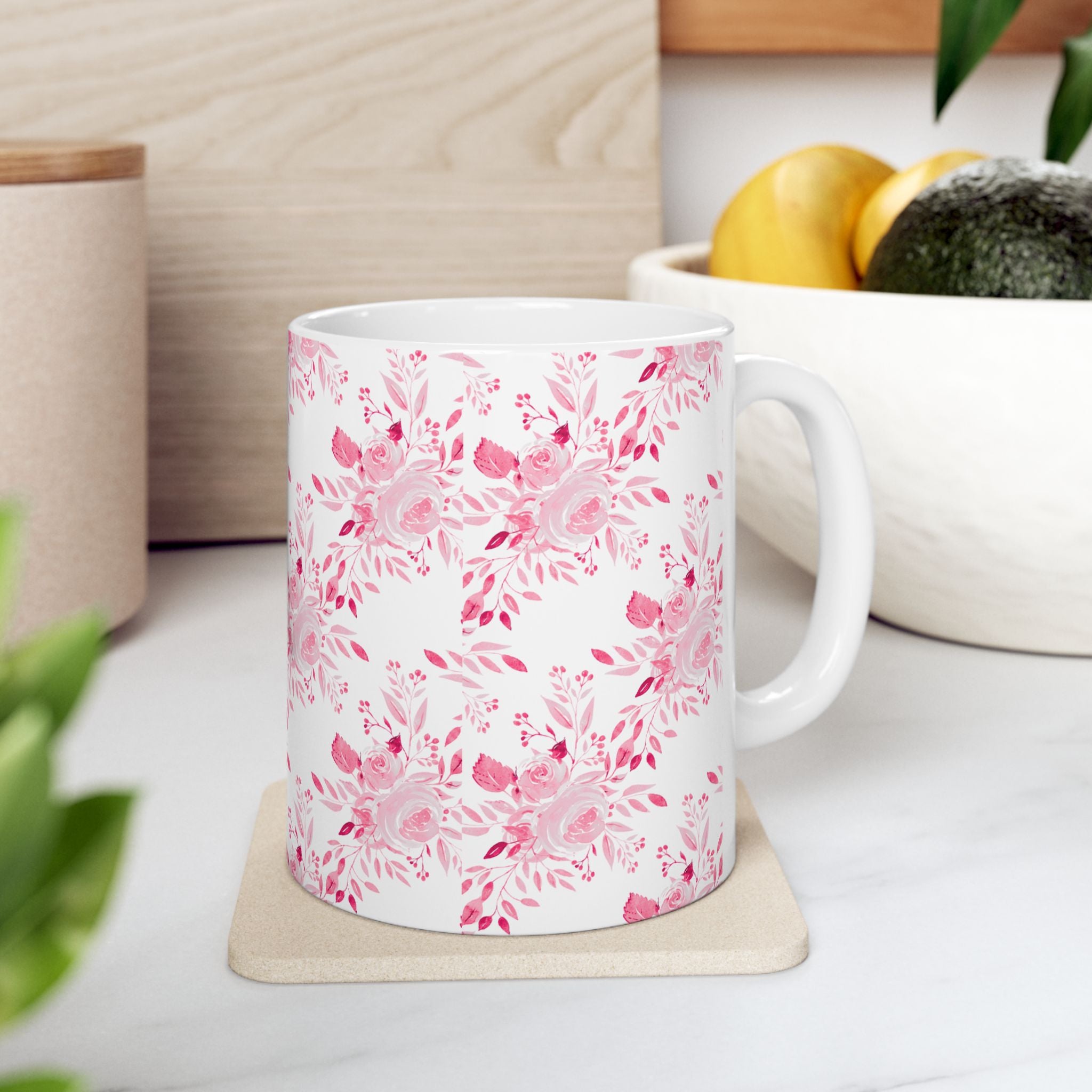 Pink Watercolor Floral Mug — Feminine Rose Pattern Ceramic Coffee Cup (11oz, 15oz)