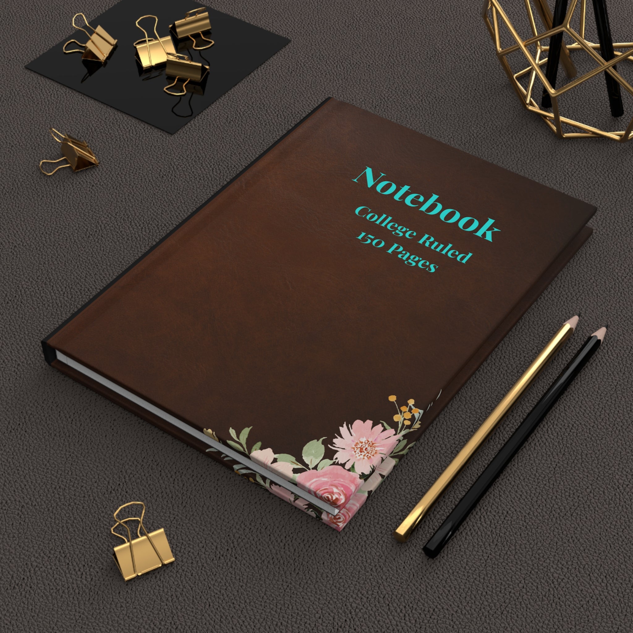 Hardcover Notebook — Brown Floral Leather-Look, College Ruled 150 Pages