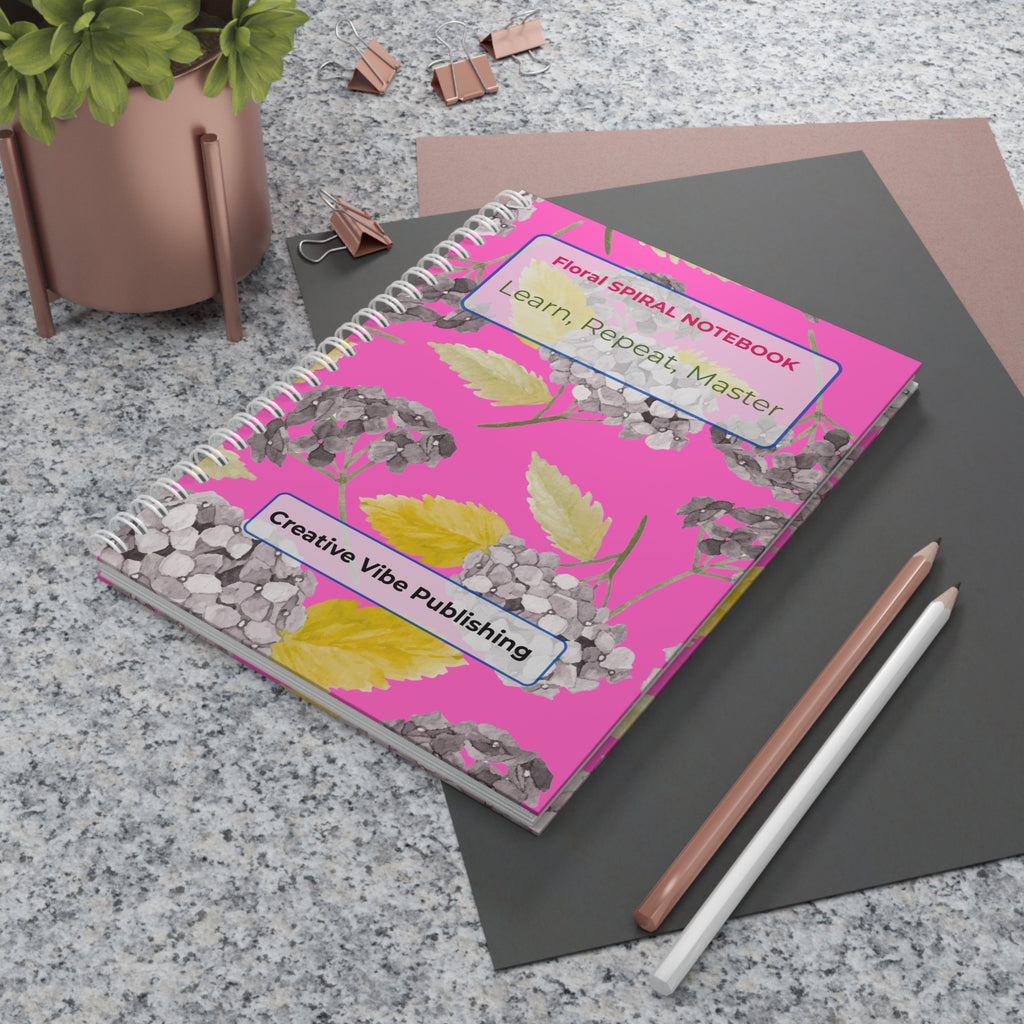 Floral Spiral Notebook — Pink Hydrangea Journal with ‘Learn, Repeat, Master’ Motivational Cover