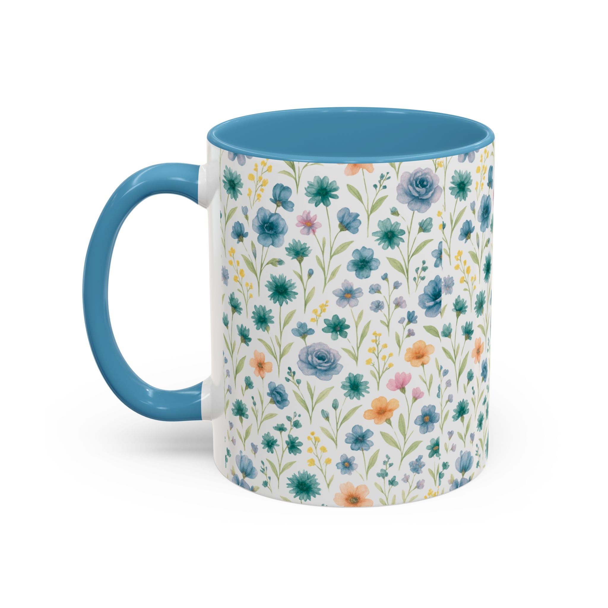 Floral Watercolor Accent Coffee Mug — Blue & Peach Wildflower Pattern (11/15oz)