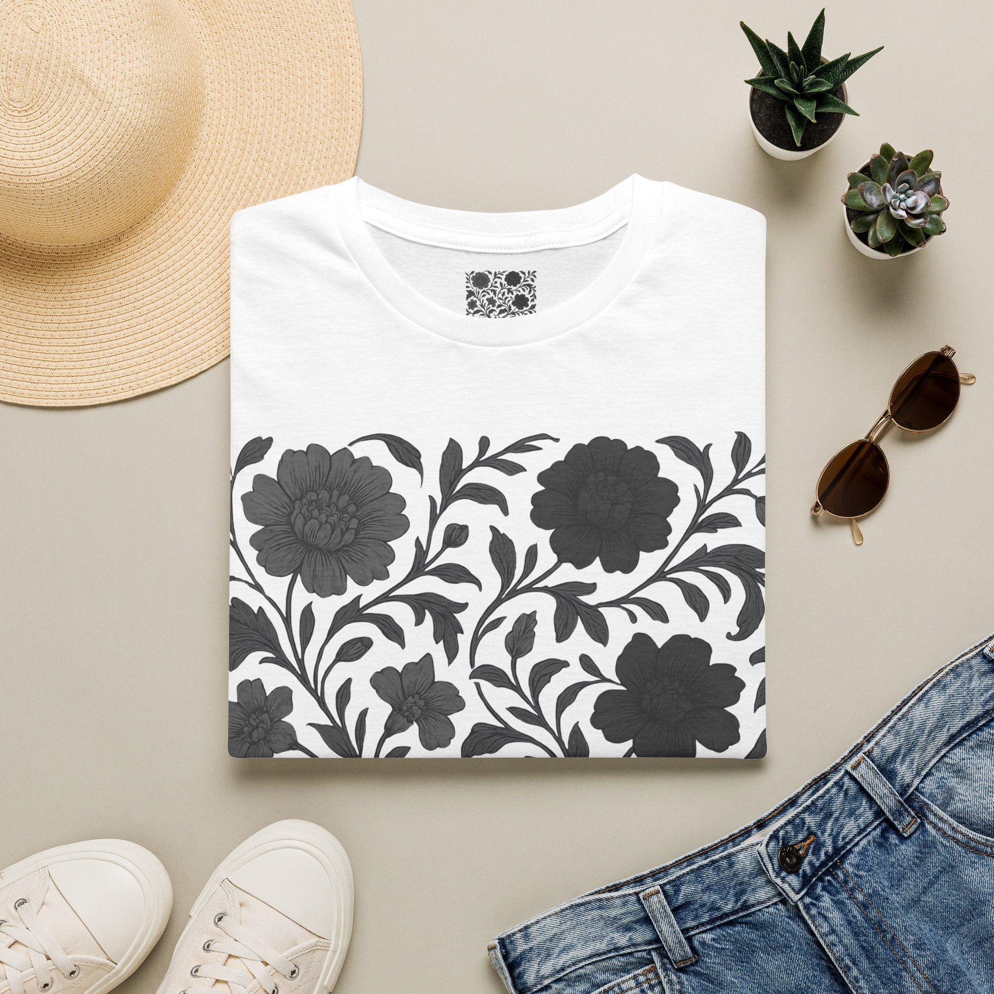 Floral Vintage Tile T‑Shirt — Black & White Botanical Pattern