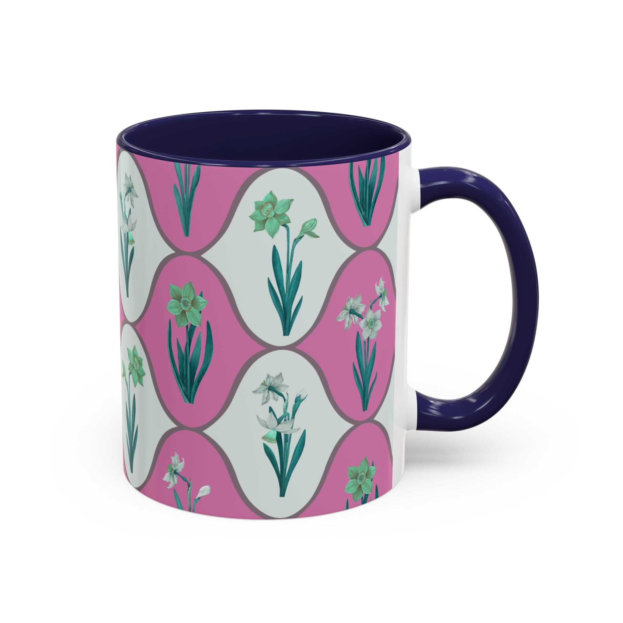 Floral Wave Accent Coffee Mug – Pink Retro Daffodil Pattern (11/15oz)