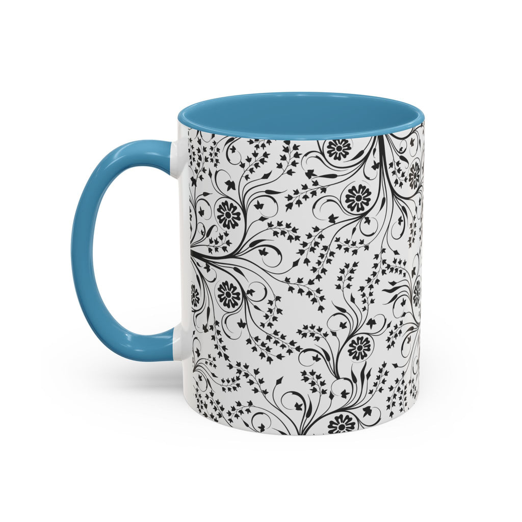 Black Floral Accent Coffee Mug — Elegant Swirl Pattern (11/15oz)