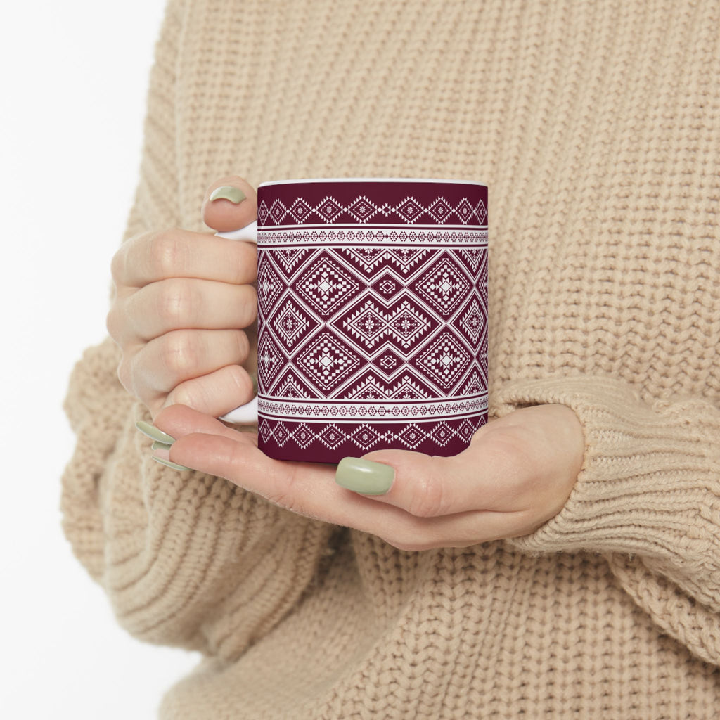 Maroon Nordic Pattern Ceramic Mug — Cozy Scandinavian Knit Design (11oz & 15oz)
