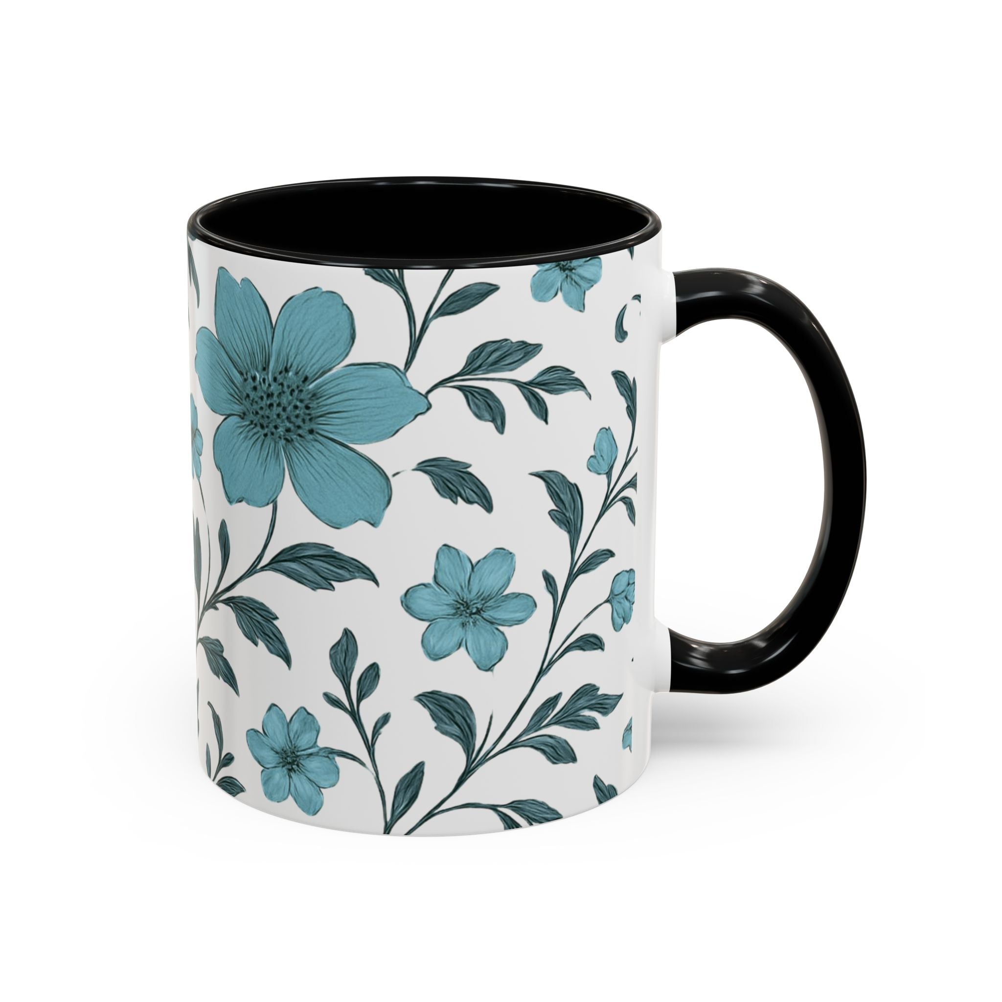 Teal Floral Accent Coffee Mug (11/15oz) – Ceramic Tea & Coffee Cup