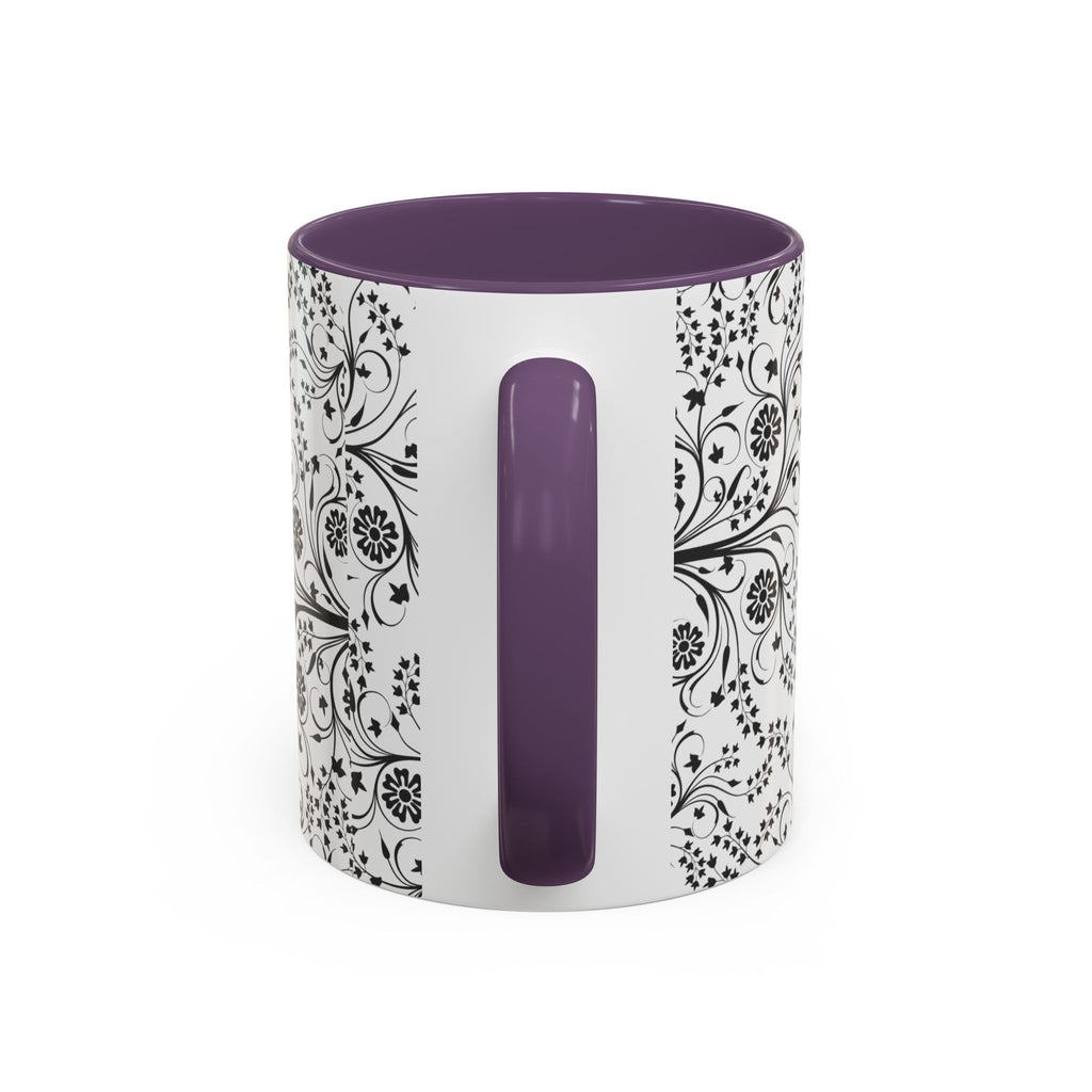 Black Floral Accent Coffee Mug — Elegant Swirl Pattern (11/15oz)