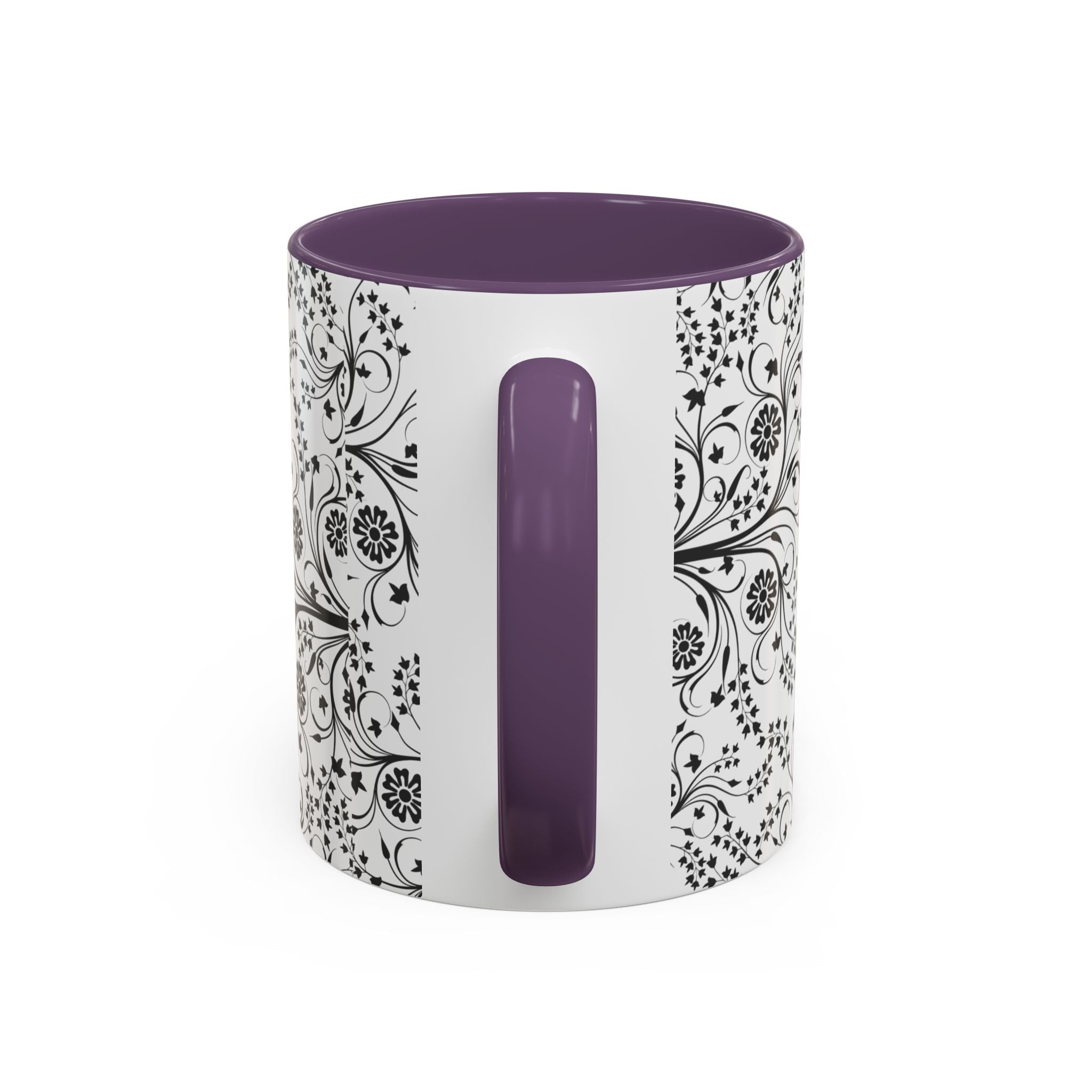 Black Floral Accent Coffee Mug — Elegant Swirl Pattern (11/15oz)