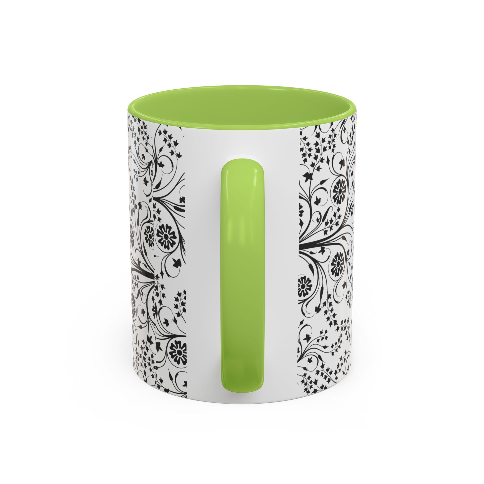 Black Floral Accent Coffee Mug — Elegant Swirl Pattern (11/15oz)
