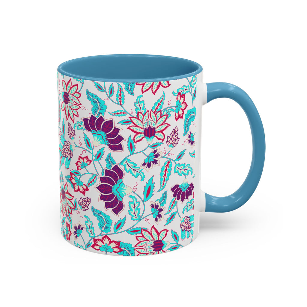 Floral Accent Coffee Mug – Teal & Magenta Patterned Ceramic Mug (11/15oz)