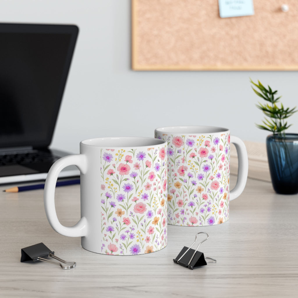 Floral Watercolor Ceramic Mug — Pink & Lavender Wildflower Pattern (11oz, 15oz)