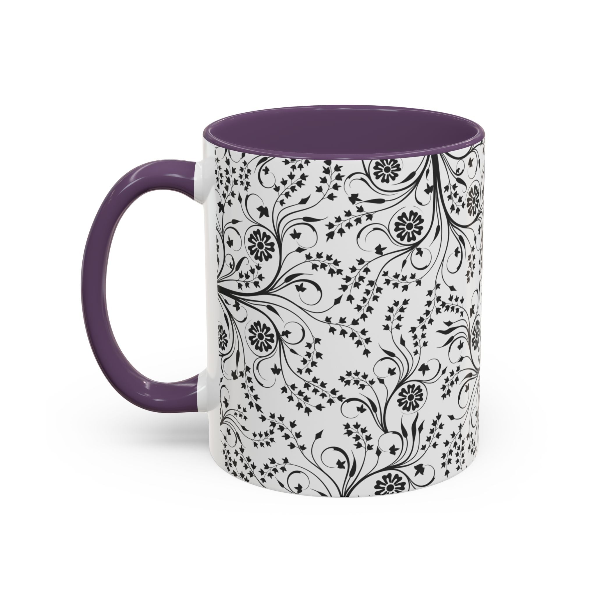 Black Floral Accent Coffee Mug — Elegant Swirl Pattern (11/15oz)