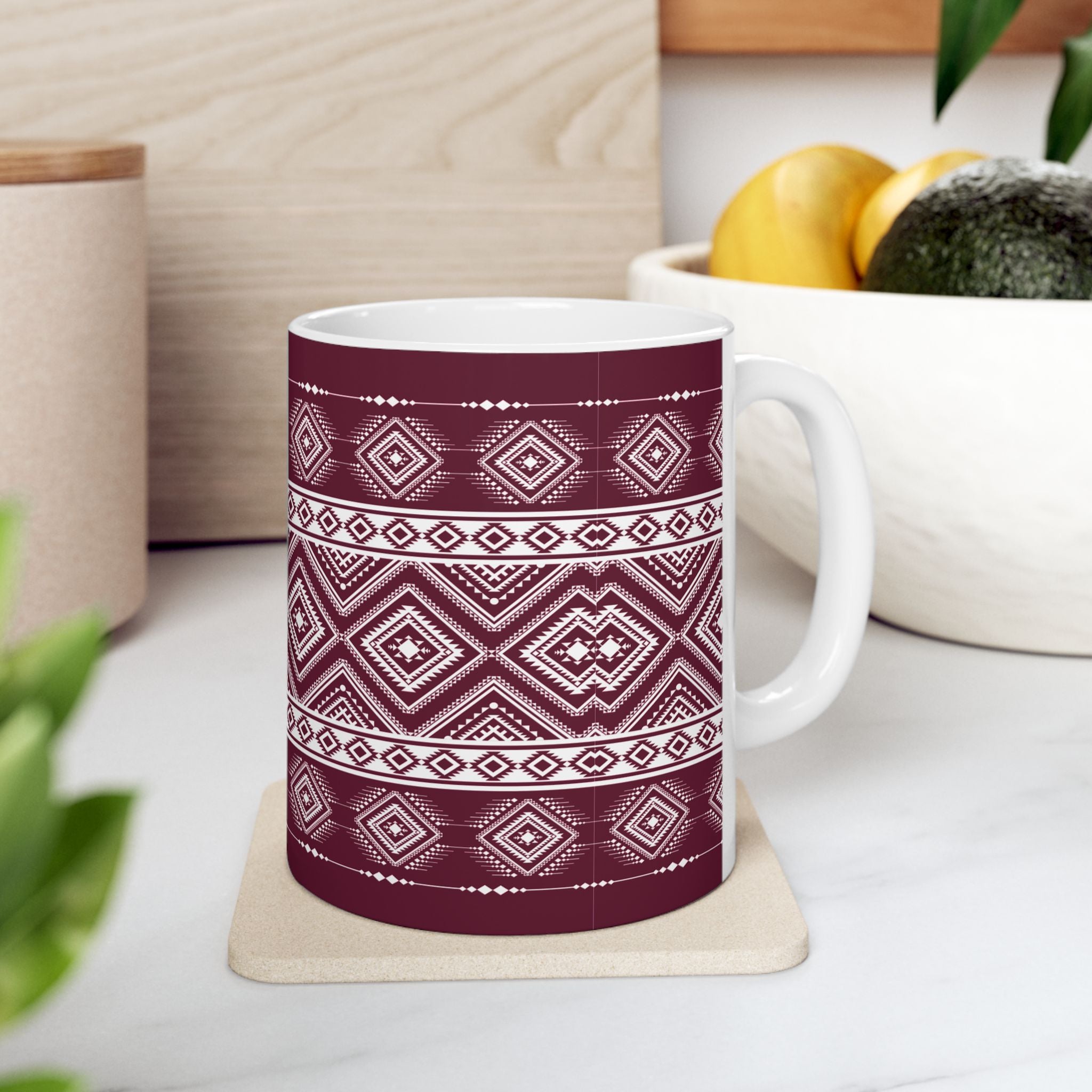 Maroon Aztec Pattern Ceramic Mug – Geometric Tribal Coffee Cup (11oz/15oz)