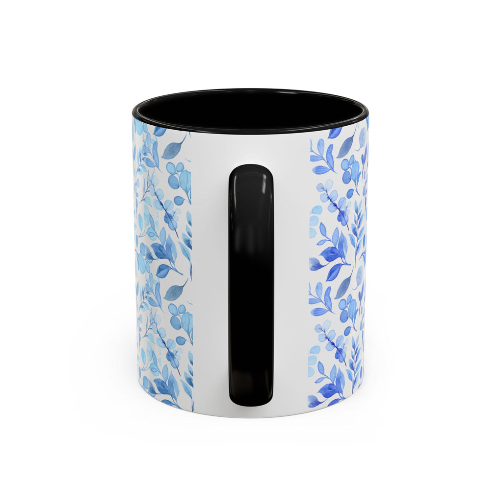 Blue Watercolor Floral Coffee Mug — Accent Handle & Interior