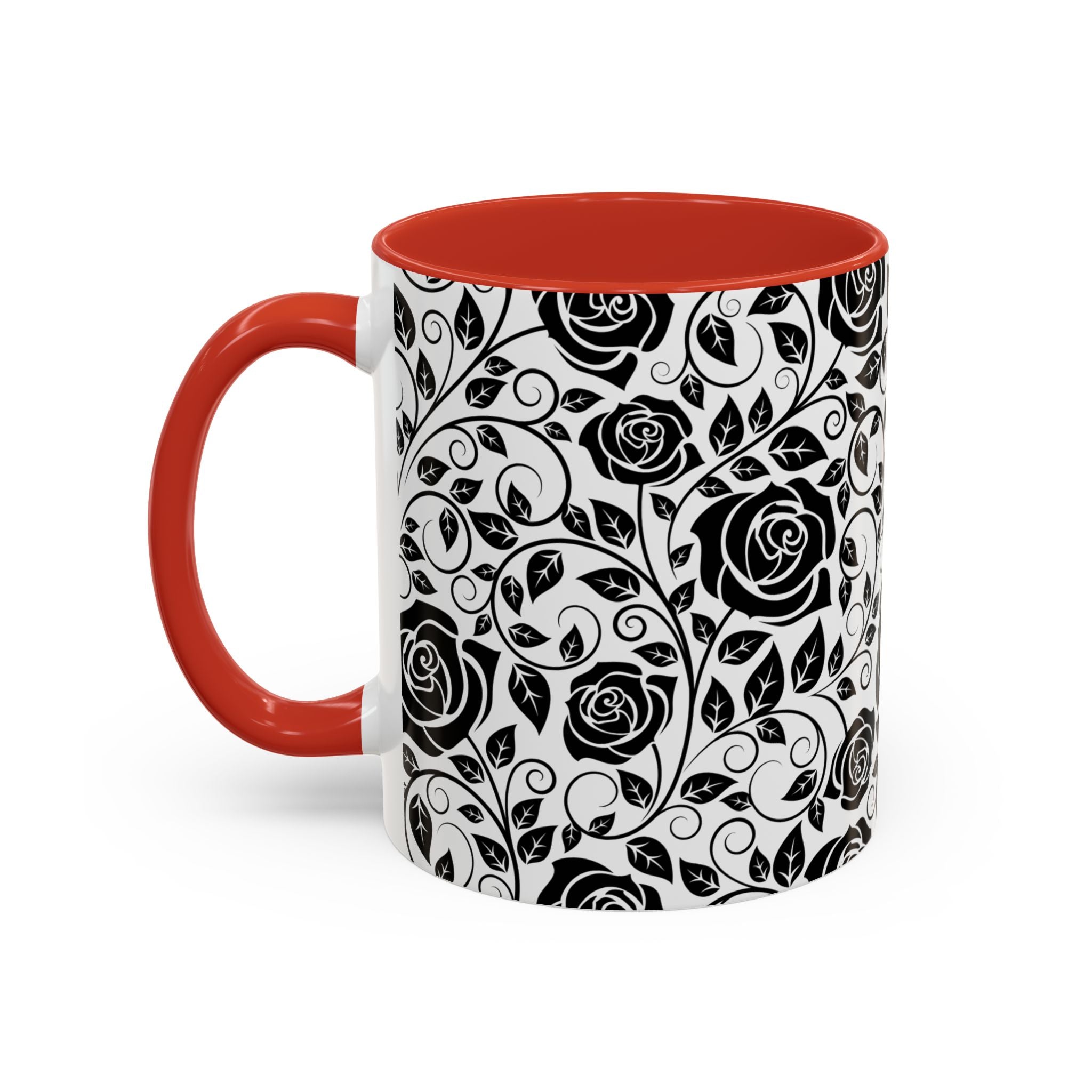 Black Rose Pattern Accent Coffee Mug — 11/15oz Ceramic Gift