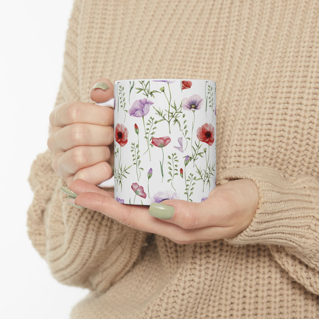 Floral Watercolor Poppy Mug — Botanical 11oz & 15oz Ceramic Coffee Cup