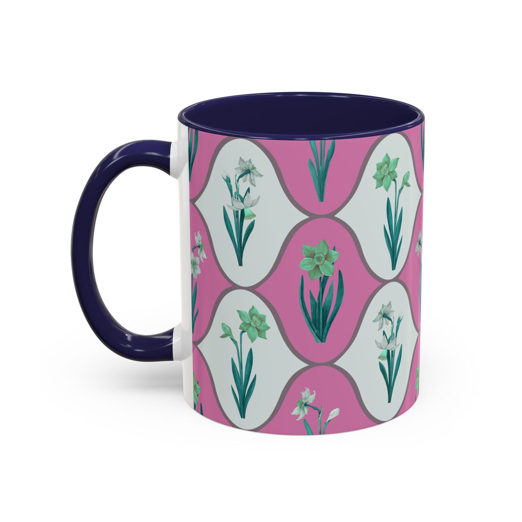 Floral Wave Accent Coffee Mug – Pink Retro Daffodil Pattern (11/15oz)