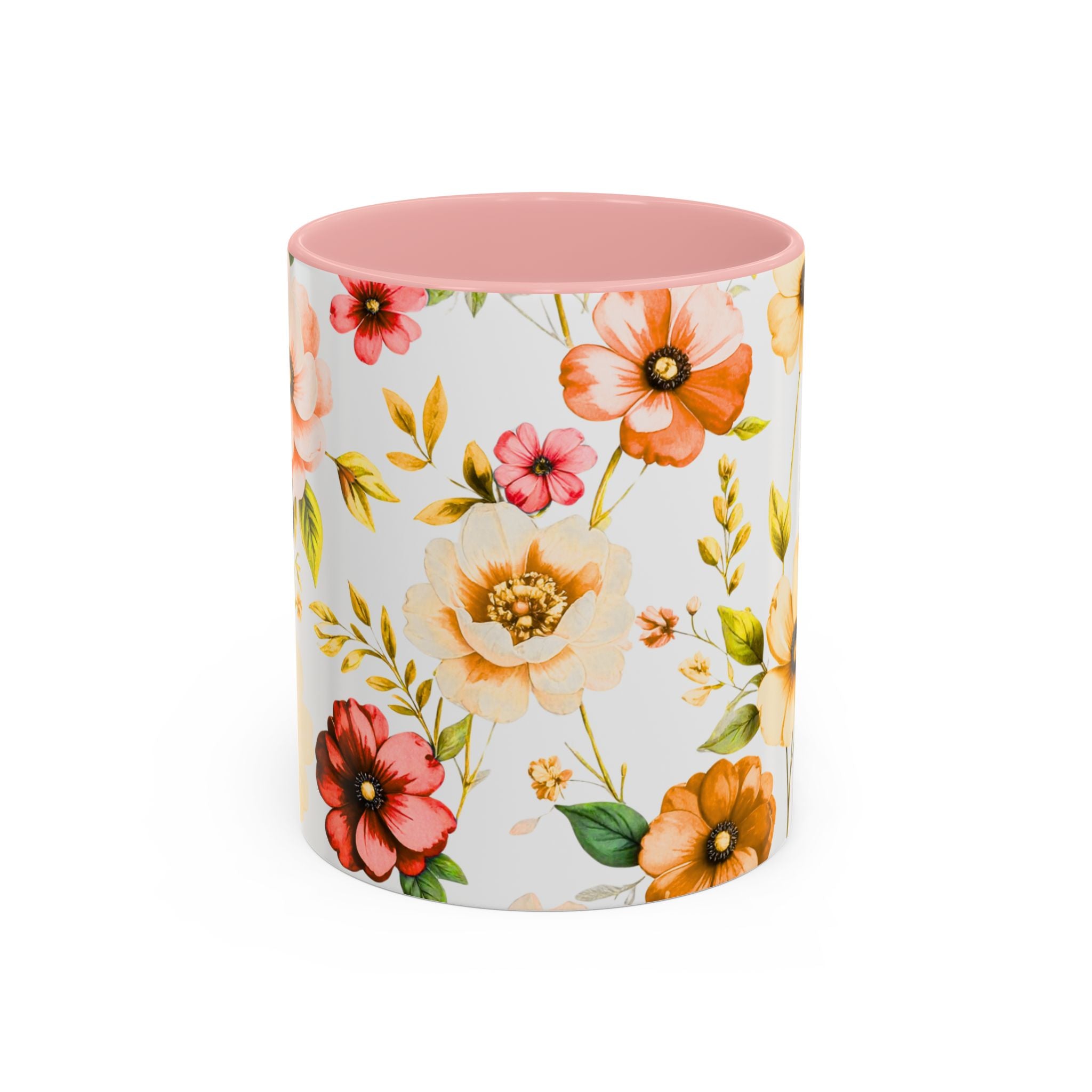 Floral Accent Coffee Mug — Vintage Watercolor Orange & Peach Flower Design