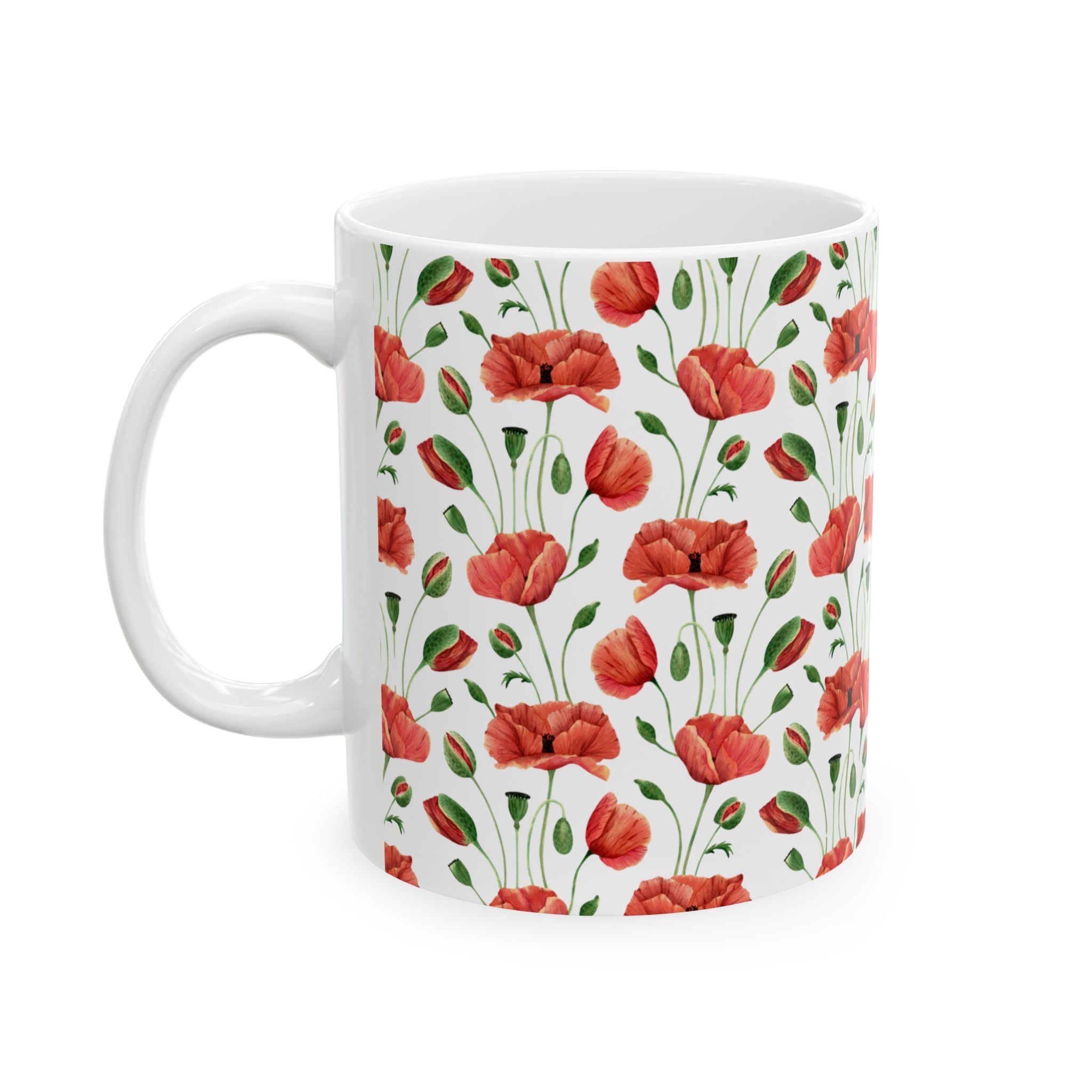 Poppy Pattern Ceramic Mug — Floral Red Poppy Coffee Cup (11oz, 15oz)