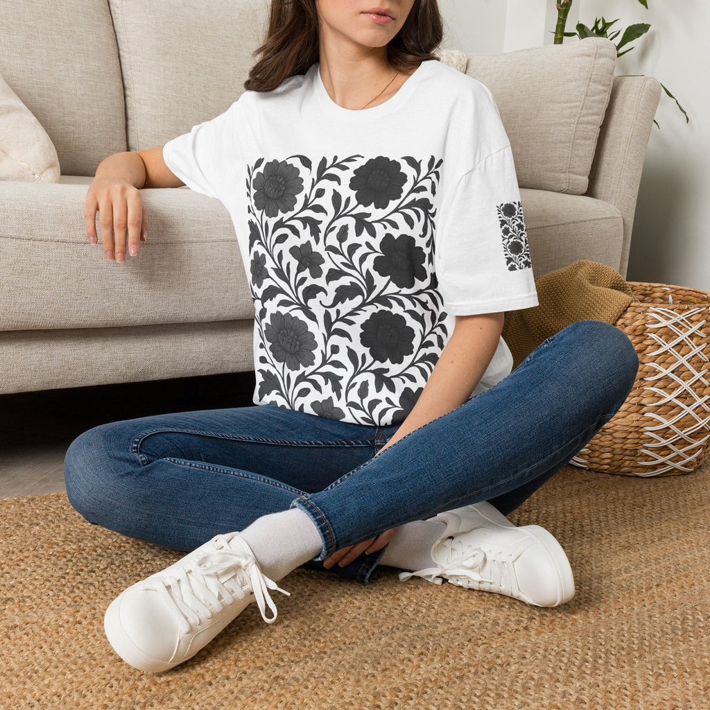 Floral Vintage Tile T‑Shirt — Black & White Botanical Pattern