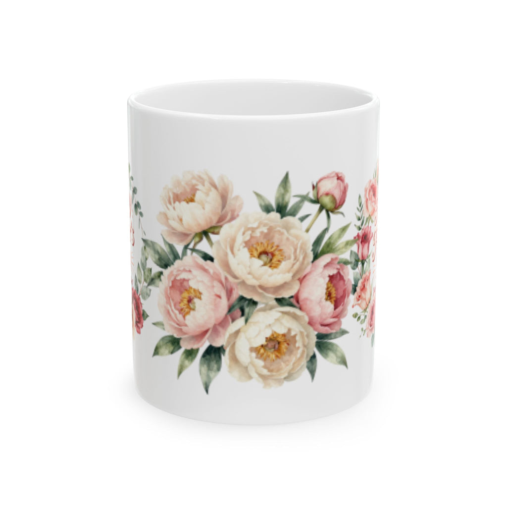 Floral Peony Ceramic Mug (11oz & 15oz) — Vintage Pink Rose Coffee Cup