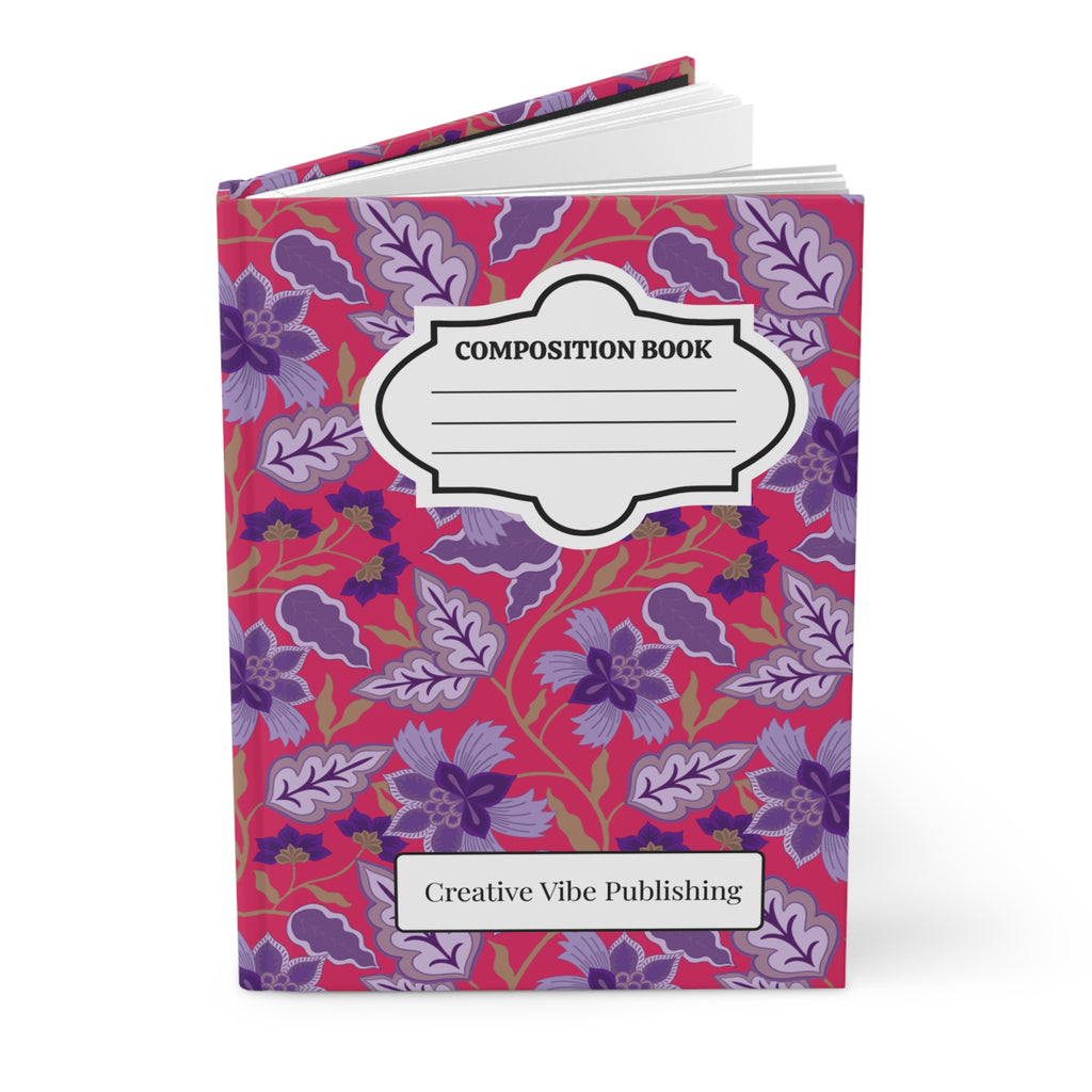 Floral Composition Hardcover Journal — Purple & Magenta Patterned Notebook for School, Notes & Creative Writing
