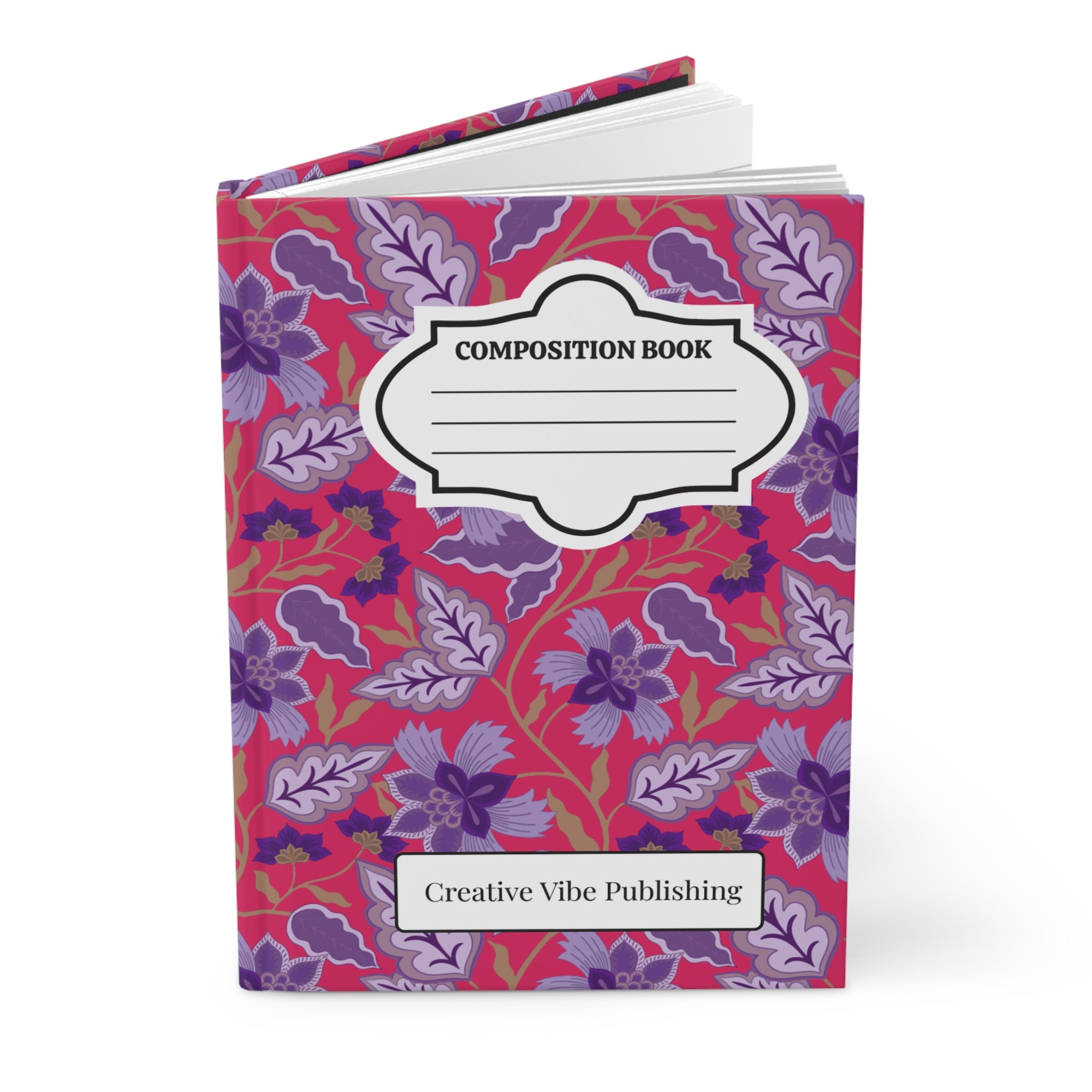 Composition Book Hardcover Journal — Floral Pink & Purple Pattern, Lined Notebook for School, Notes & Journaling