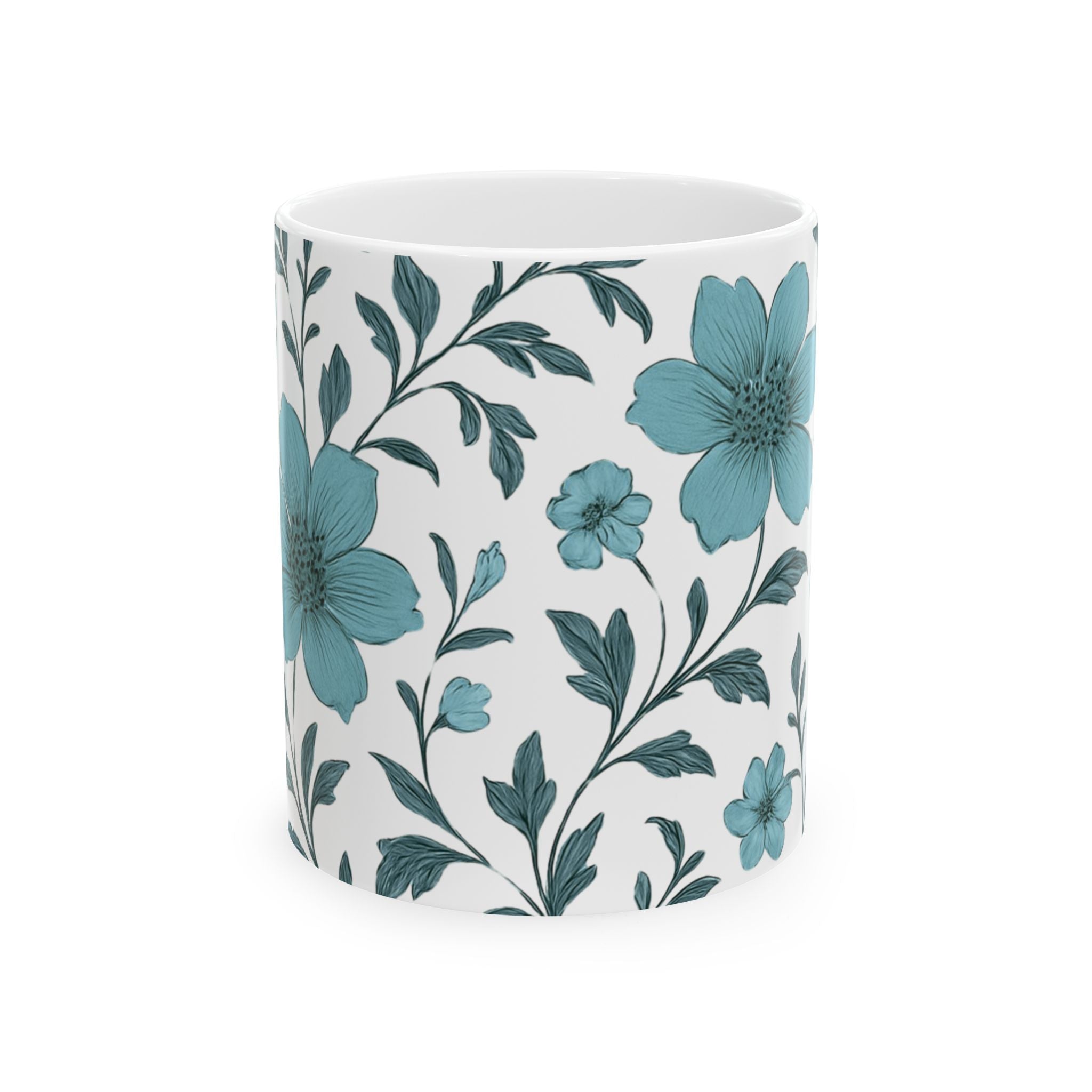 Floral Blue Ceramic Mug — Teal Botanical Coffee Cup (11oz & 15oz)