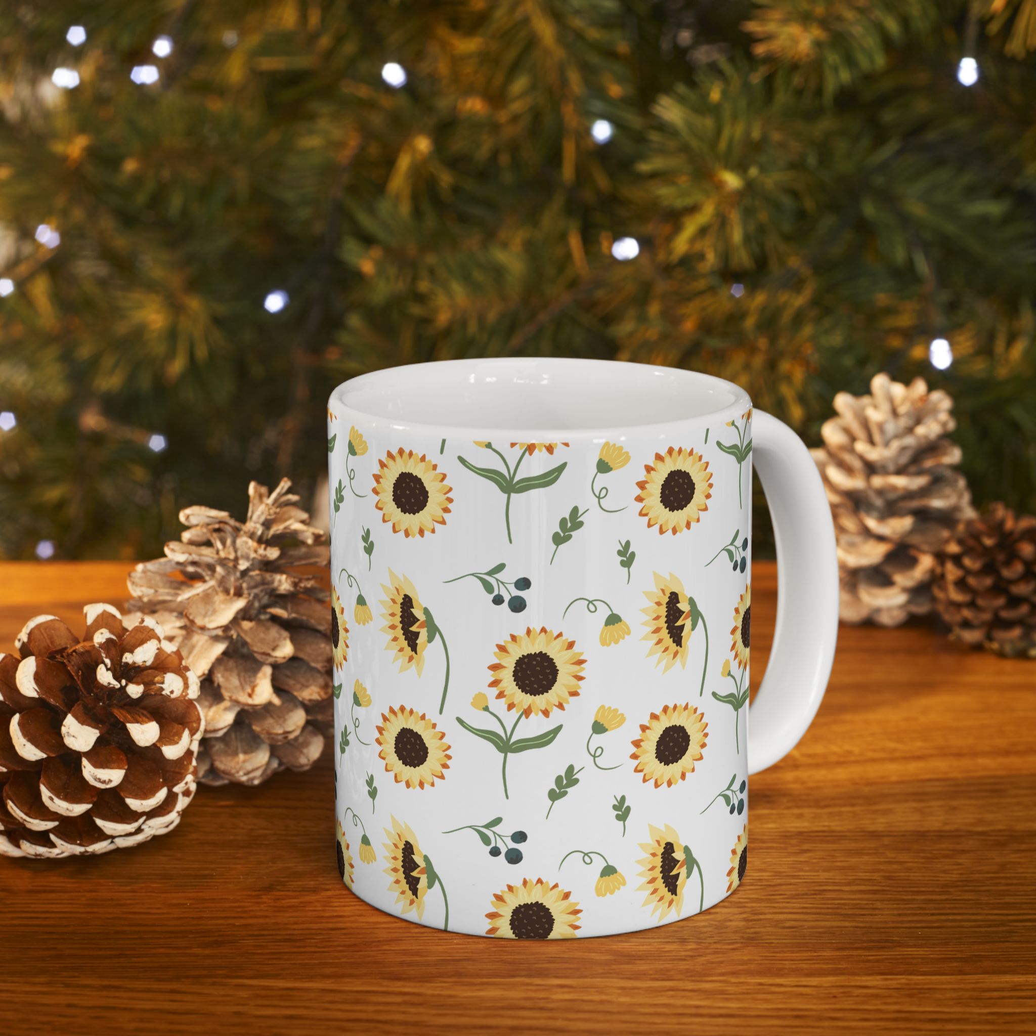 Sunflower Pattern Ceramic Mug — Floral Coffee Tea Cup (11oz, 15oz)