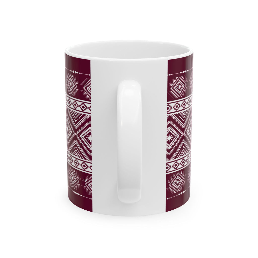 Maroon Aztec Pattern Ceramic Mug – Geometric Tribal Coffee Cup (11oz/15oz)