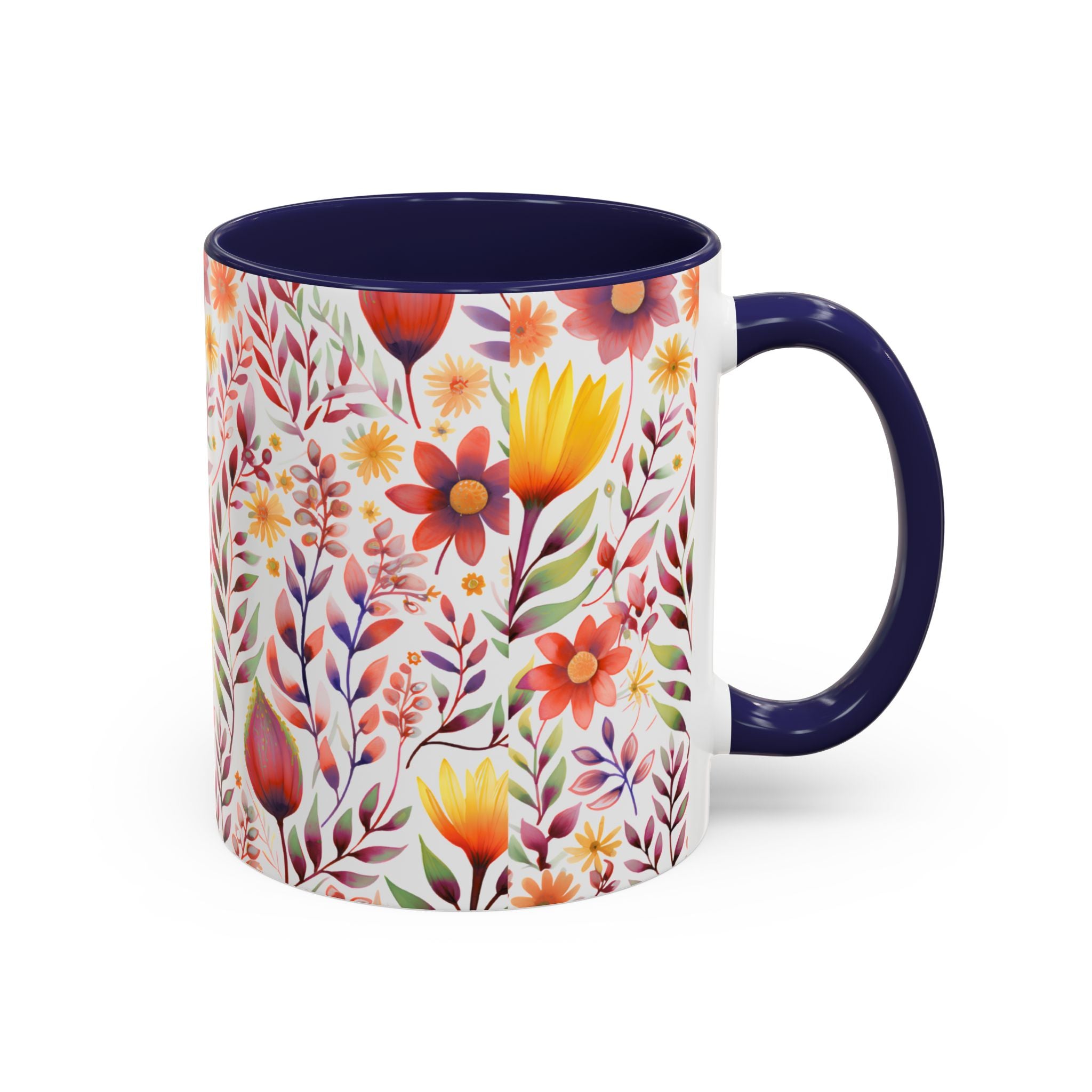 Floral Watercolor Accent Coffee Mug — Colorful Spring Blossom 11/15oz