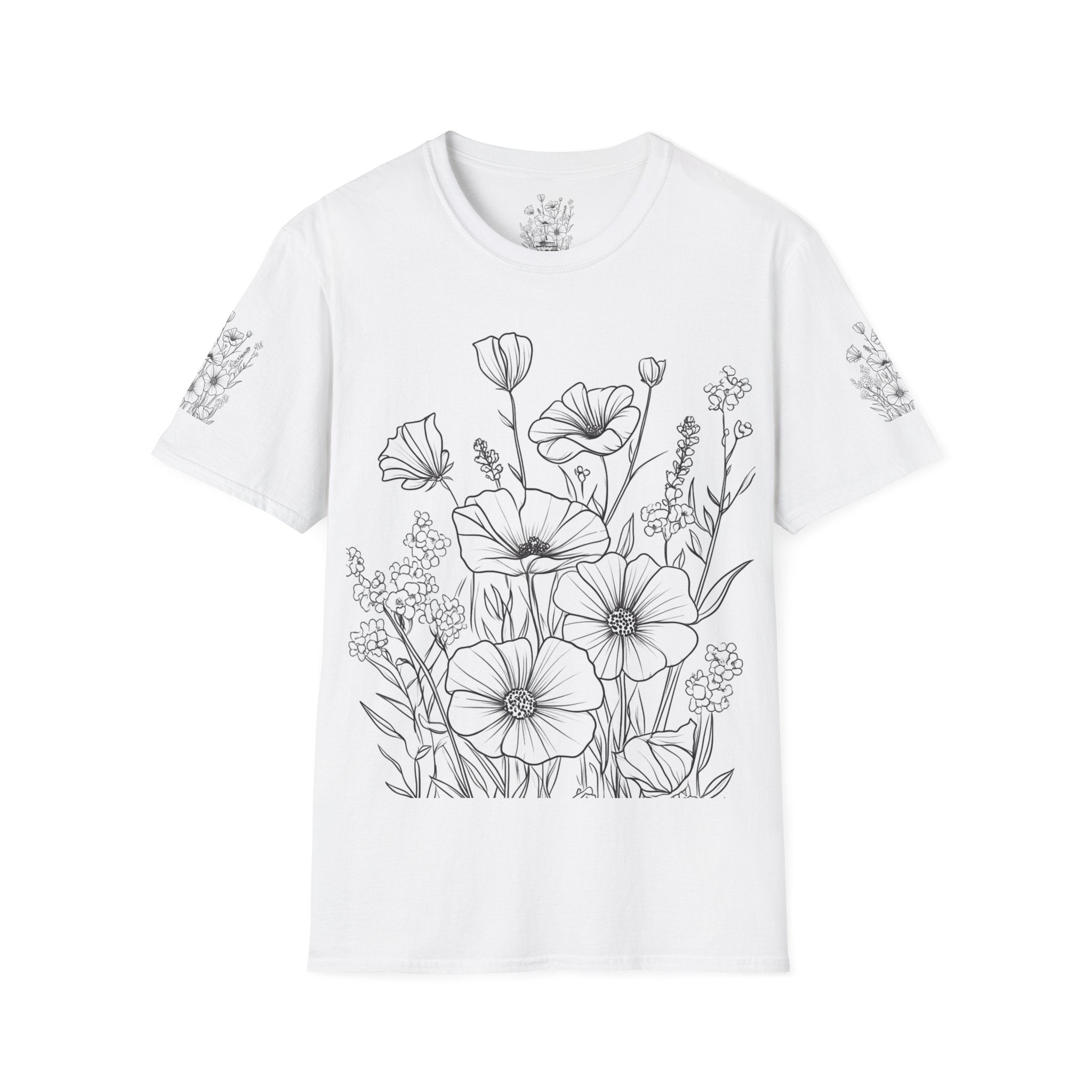 Floral Outline Tee — Black Line Poppy & Wildflower Graphic T-Shirt