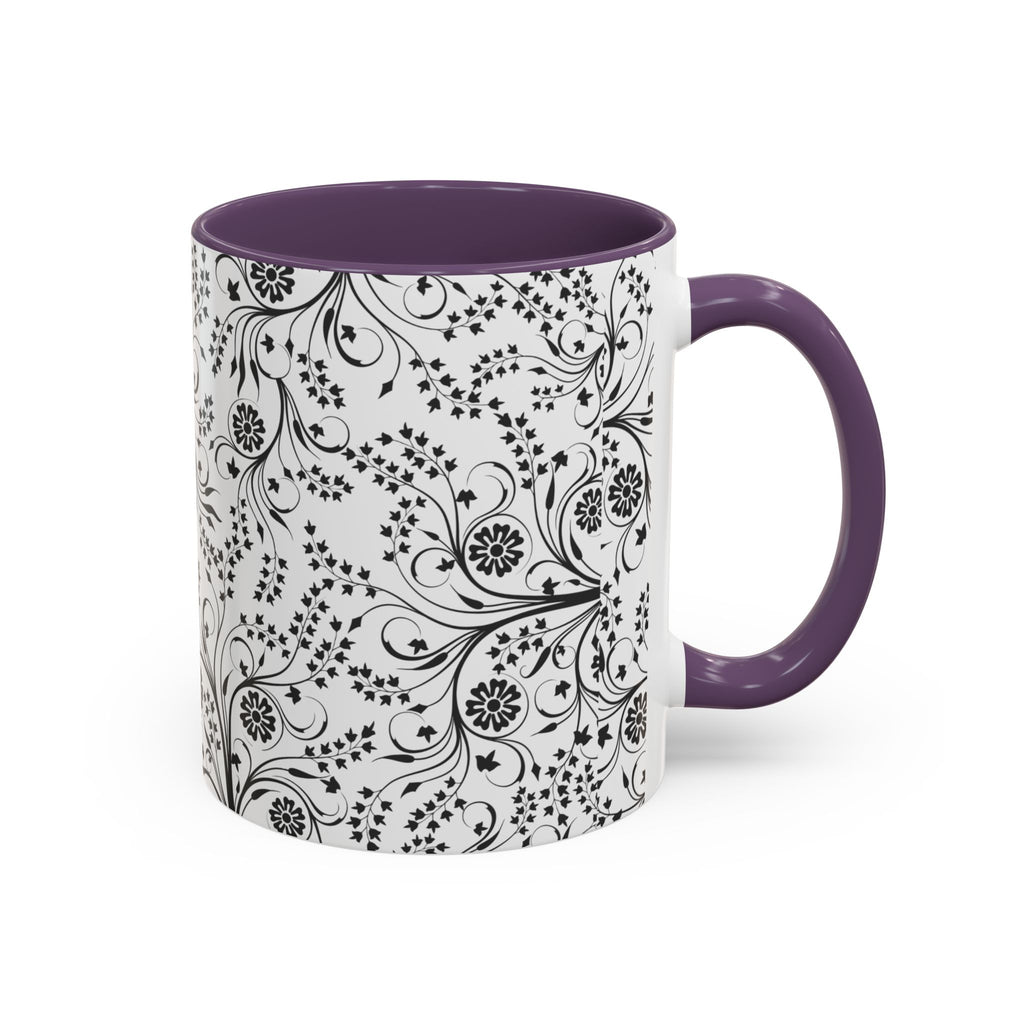 Black Floral Accent Coffee Mug — Elegant Swirl Pattern (11/15oz)