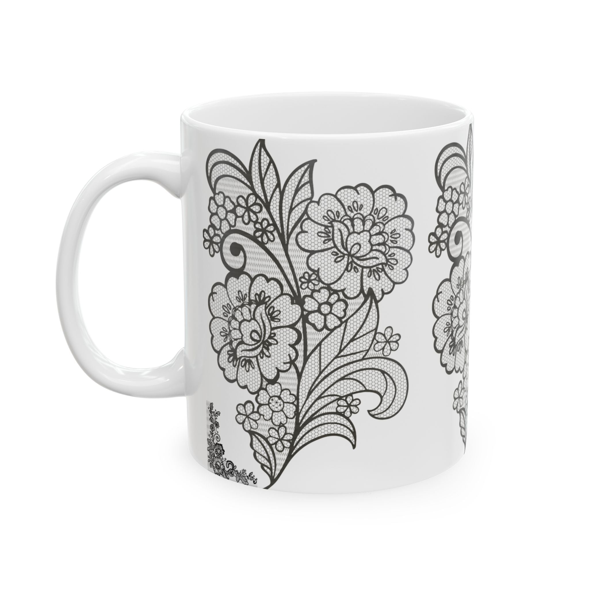 Floral Outline Ceramic Mug — Black & White Hand-Drawn Flower Pattern (11oz, 15oz)