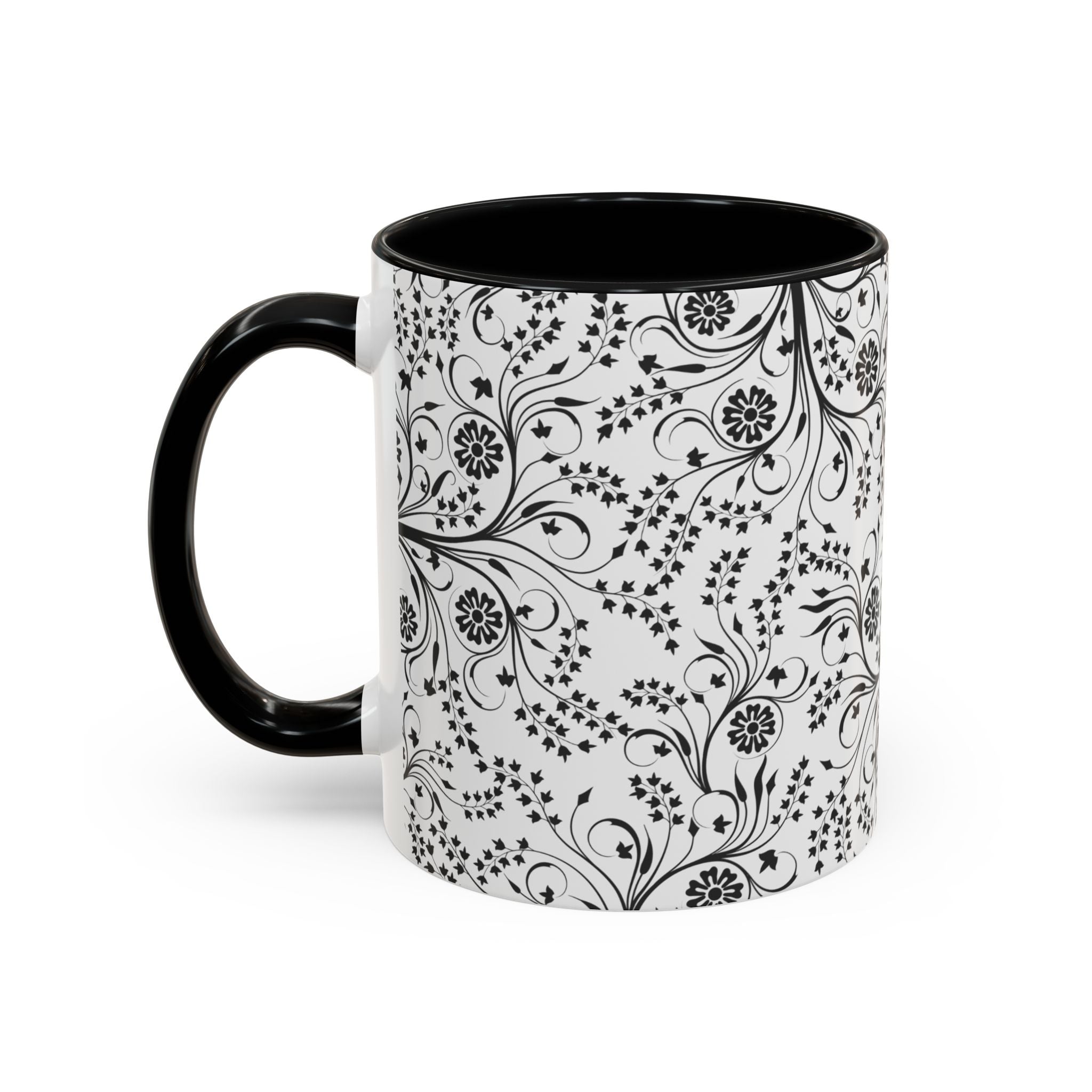 Black Floral Accent Coffee Mug — Elegant Swirl Pattern (11/15oz)