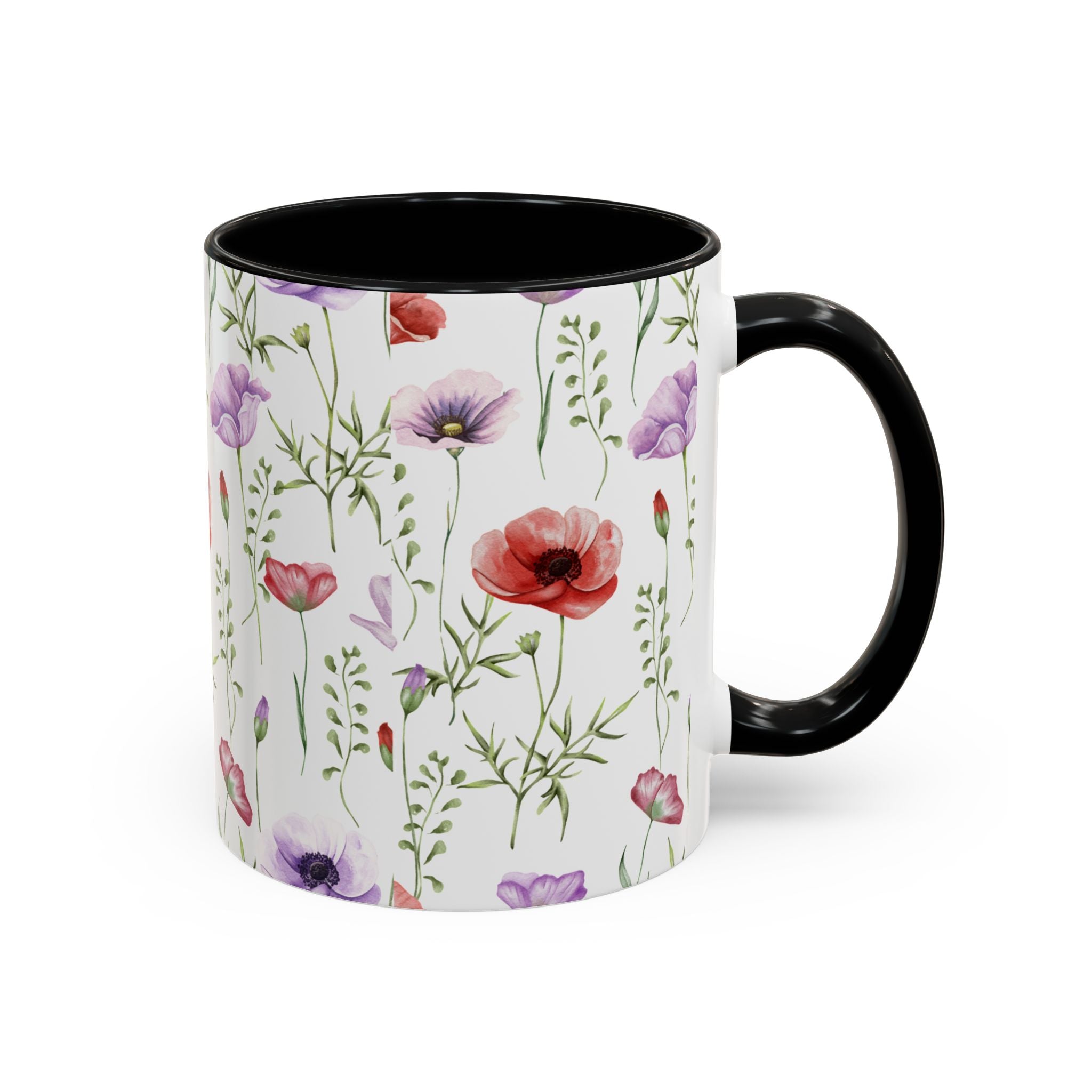 Floral Watercolor Accent Coffee Mug — Poppy & Wildflower Pattern (11/15oz)