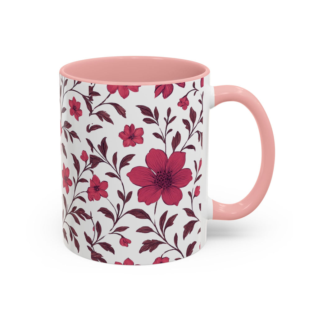 Floral Burgundy Accent Coffee Mug — Pink Blossom Pattern, 11/15oz
