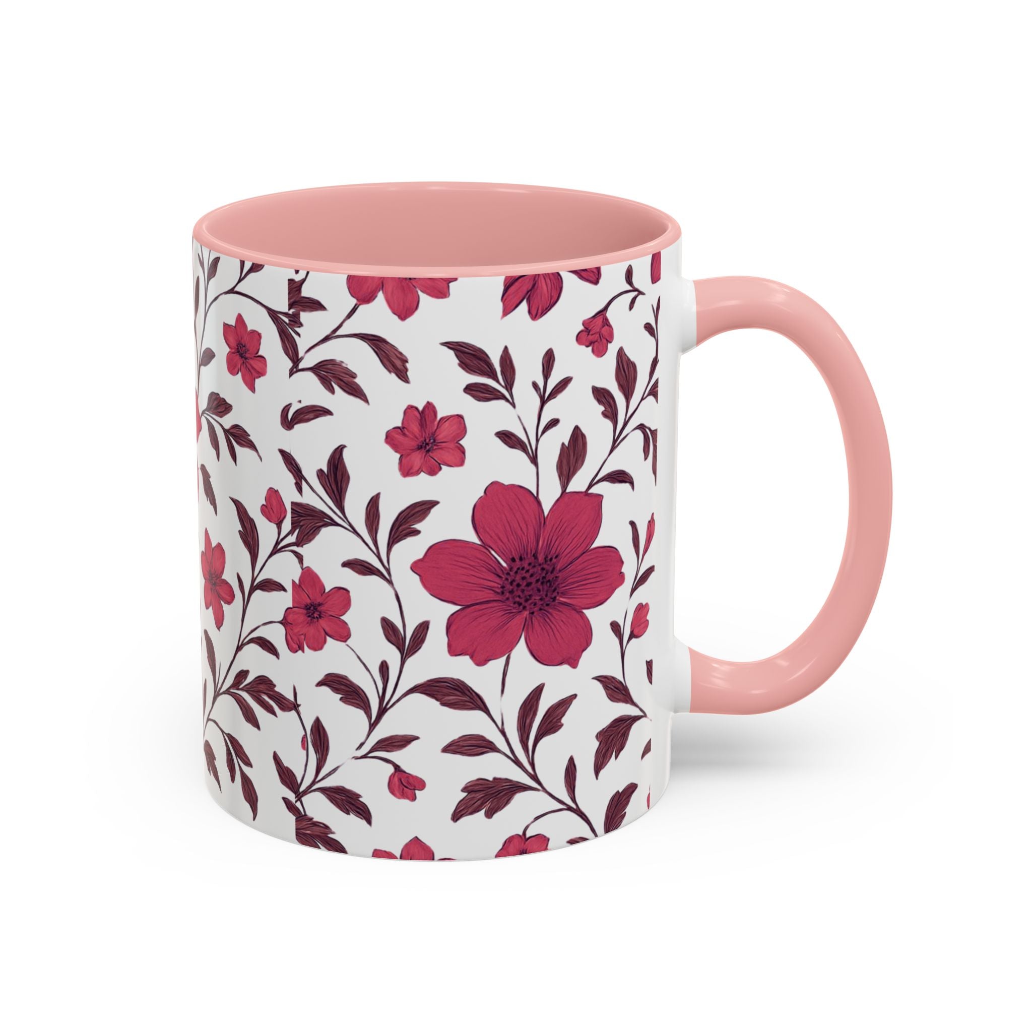Floral Burgundy Accent Coffee Mug — Pink Blossom Pattern, 11/15oz