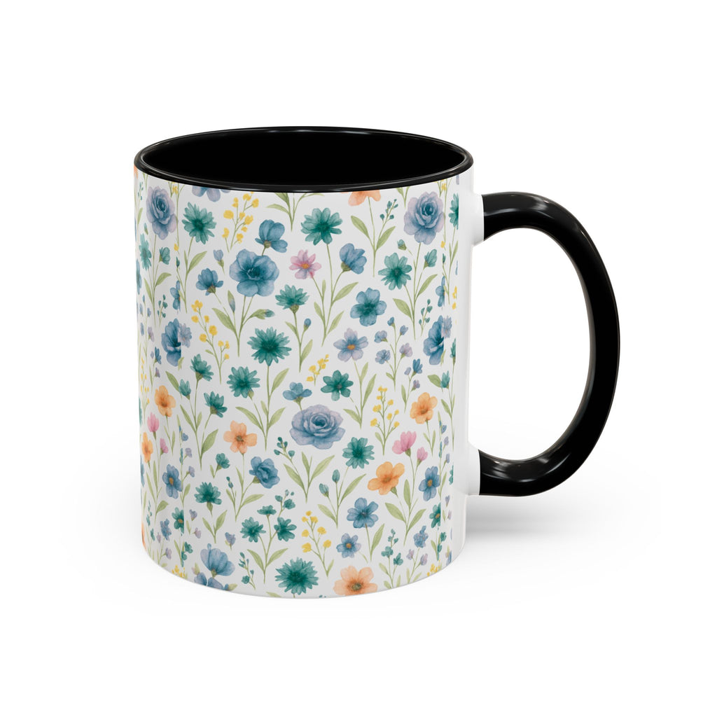 Floral Watercolor Accent Coffee Mug — Blue & Peach Wildflower Pattern (11/15oz)
