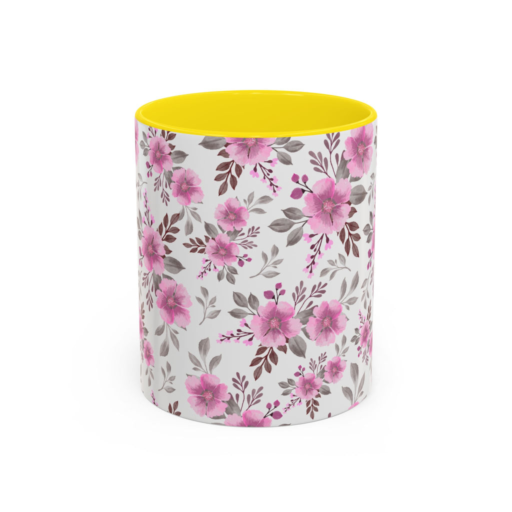 Pink Floral Accent Coffee Mug — Ceramic Rose Pattern 11/15oz