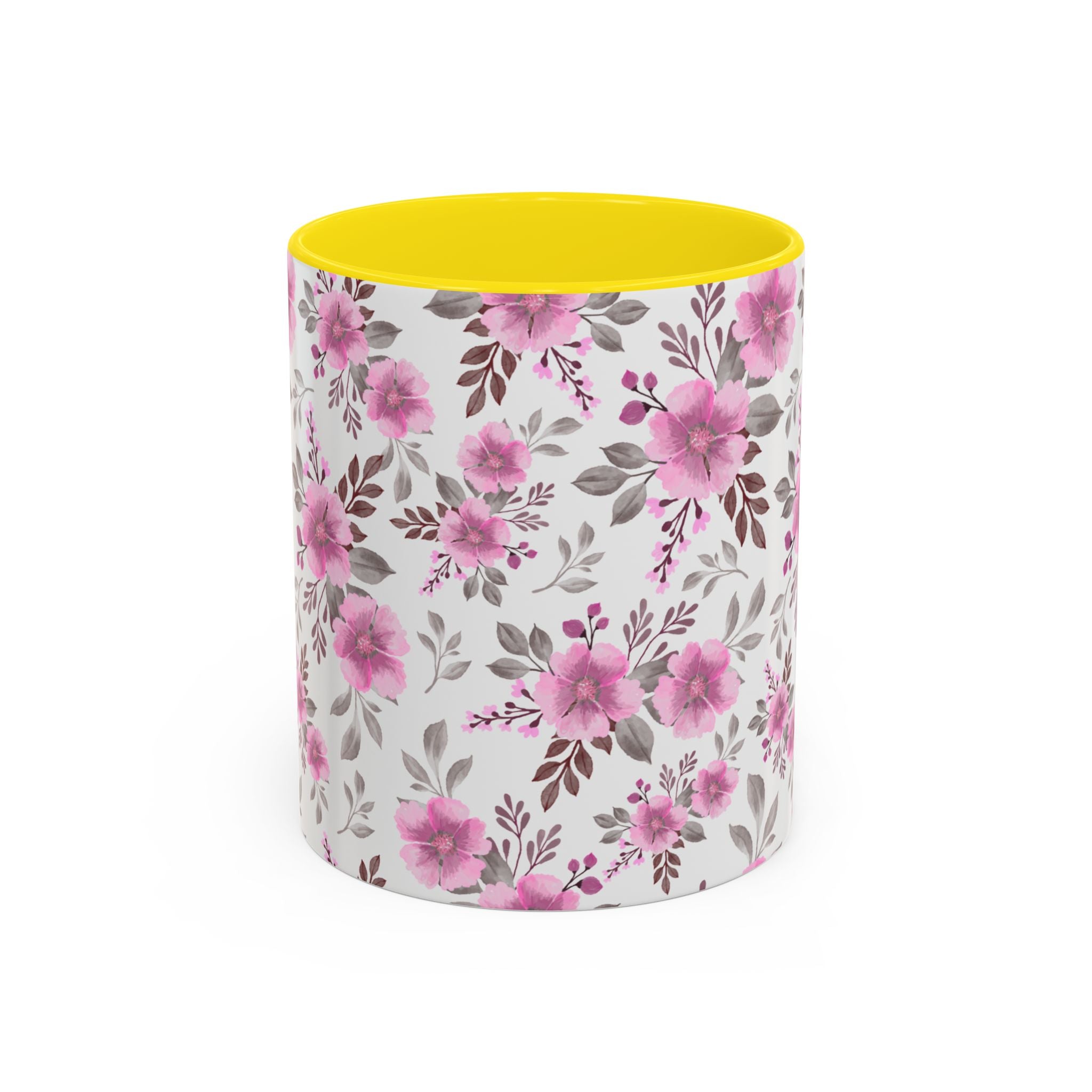 Pink Floral Accent Coffee Mug — Ceramic Rose Pattern 11/15oz