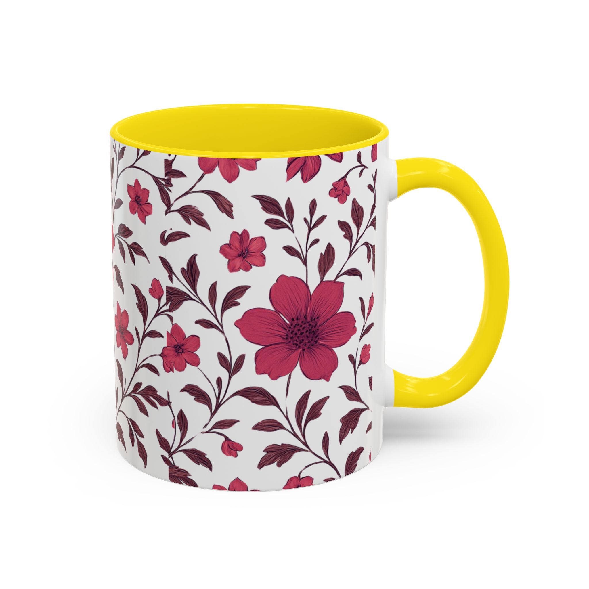 Floral Burgundy Accent Coffee Mug — Pink Blossom Pattern, 11/15oz