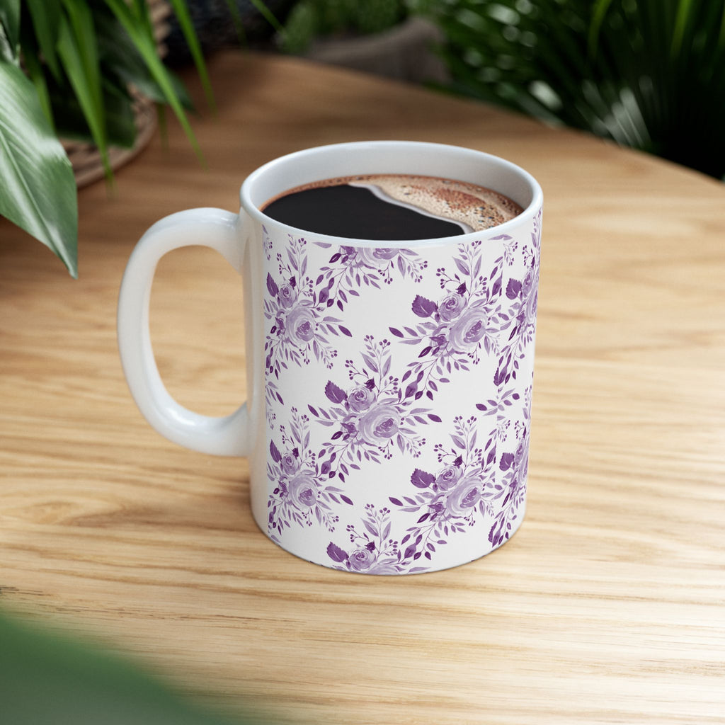 Purple Watercolor Floral Ceramic Mug — Lavender Rose Pattern (11oz & 15oz)