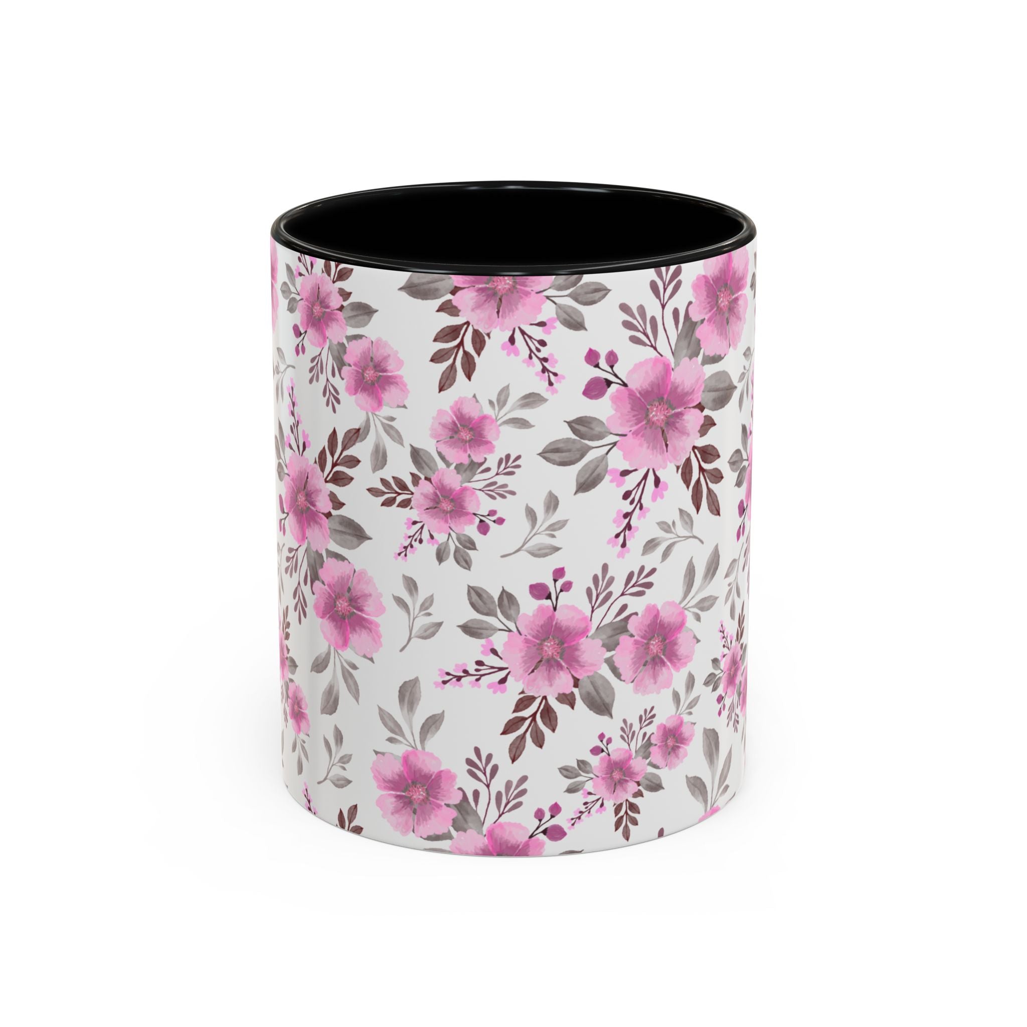 Pink Floral Accent Coffee Mug — Ceramic Rose Pattern 11/15oz