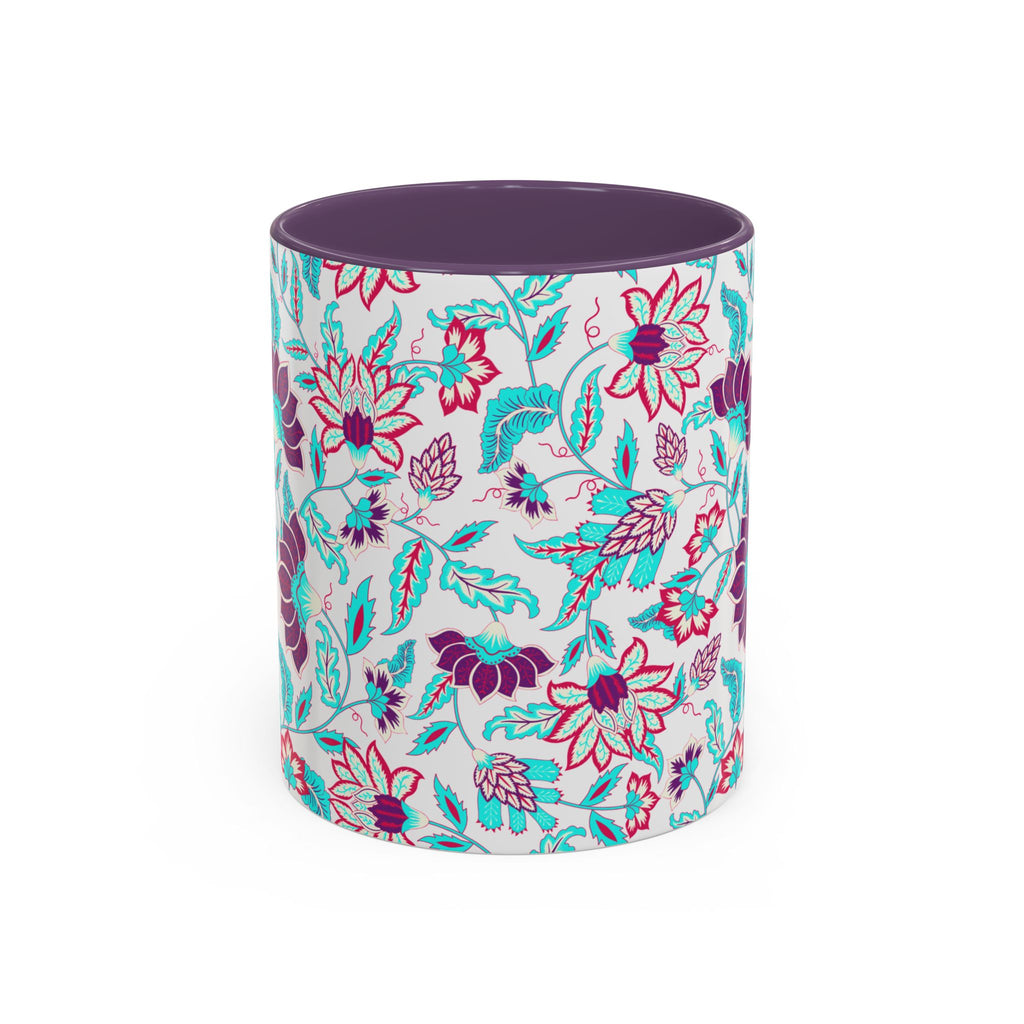 Floral Accent Coffee Mug – Teal & Magenta Patterned Ceramic Mug (11/15oz)