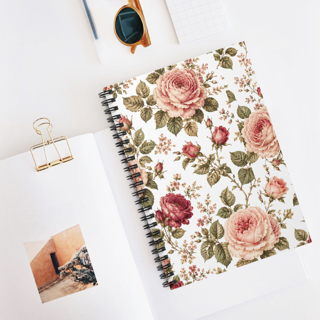 Floral Rose Spiral Notebook — Vintage Botanical Ruled Journal
