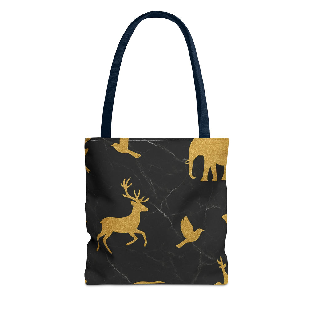 Gold Wildlife Pattern Tote Bag — Black Marble Deer & Elephant All-Over Print