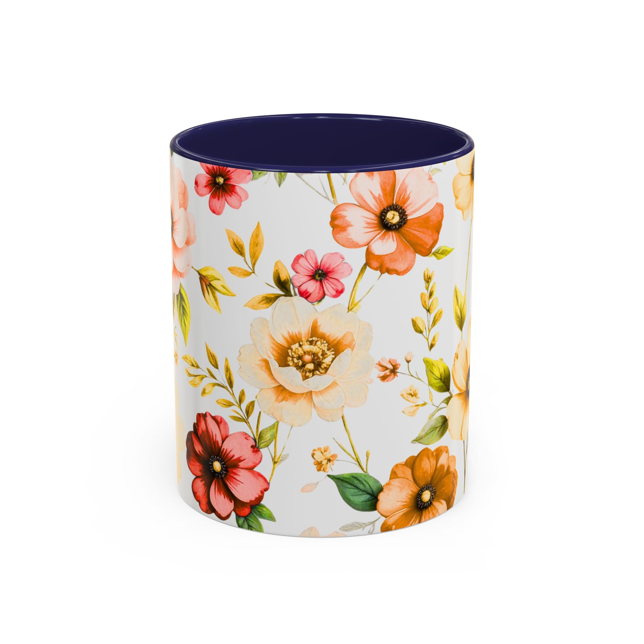 Floral Accent Coffee Mug — Vintage Watercolor Orange & Peach Flower Design