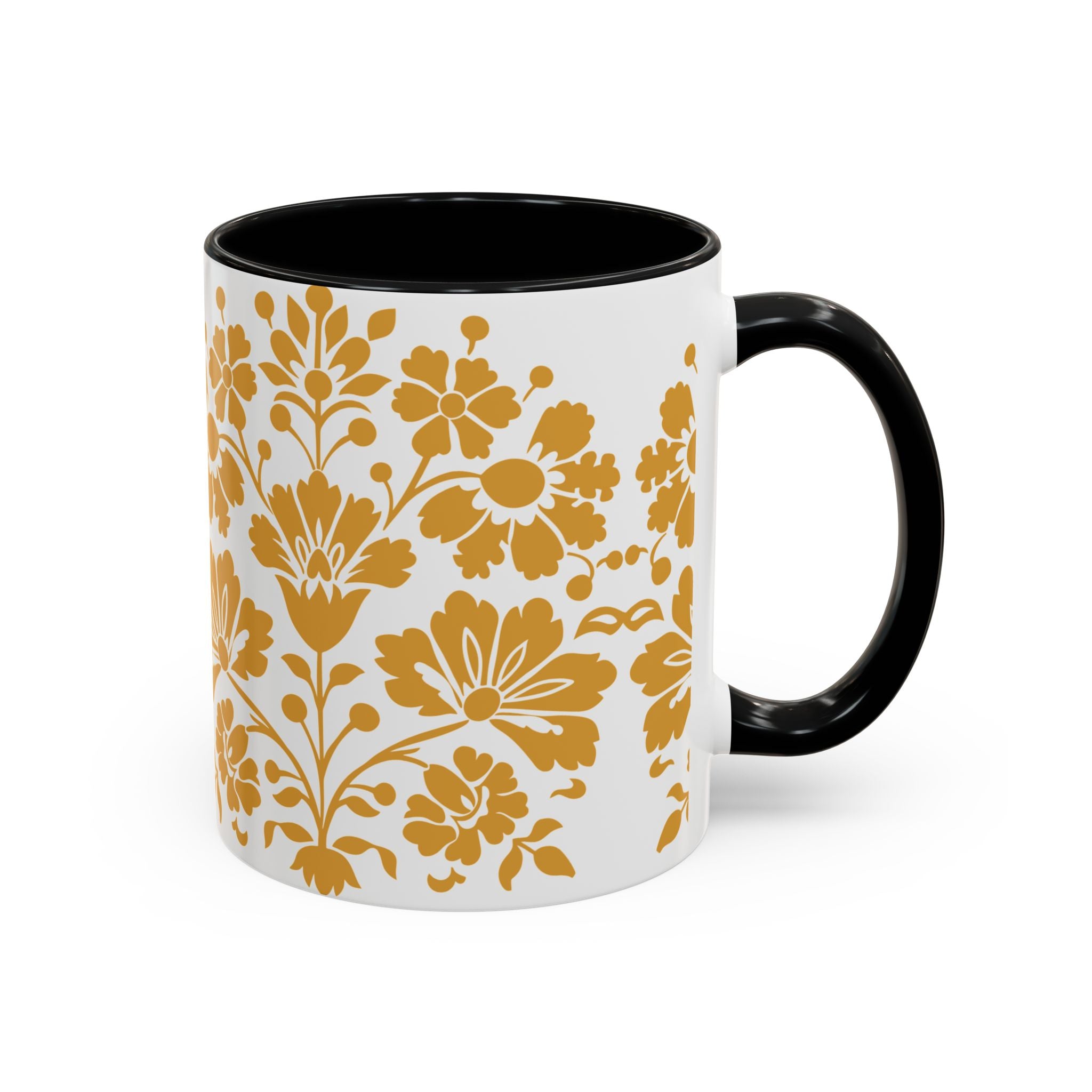 Gold Floral Accent Coffee Mug — Elegant Damask 11/15oz Ceramic
